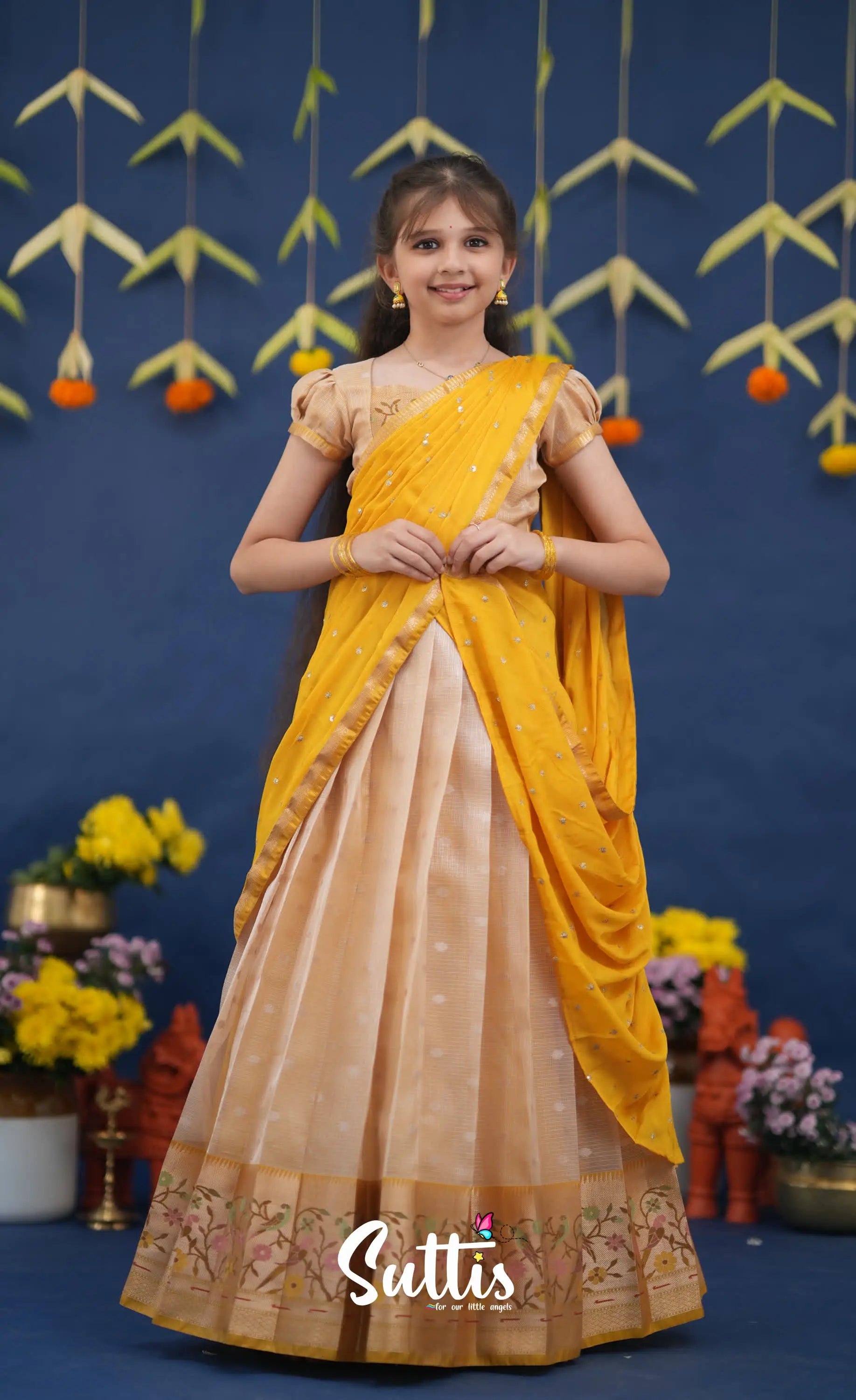 Kumaari Light Yellow and Yellow Paithani Kota Halfsaree Kids-Suttis