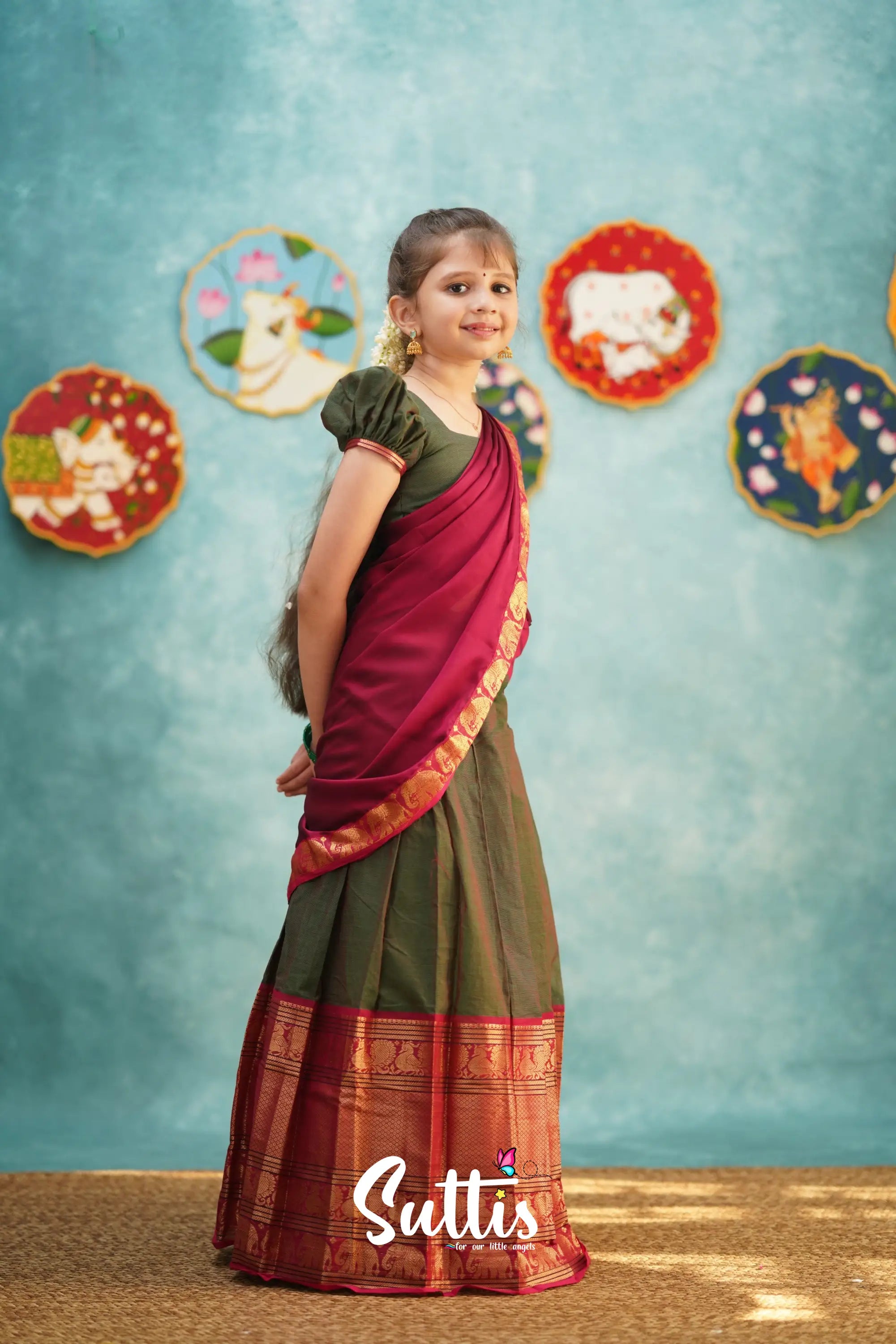 Kumaari - Manthalir Green And Reddish Maroon Cotton Halfsaree Kids-Suttis