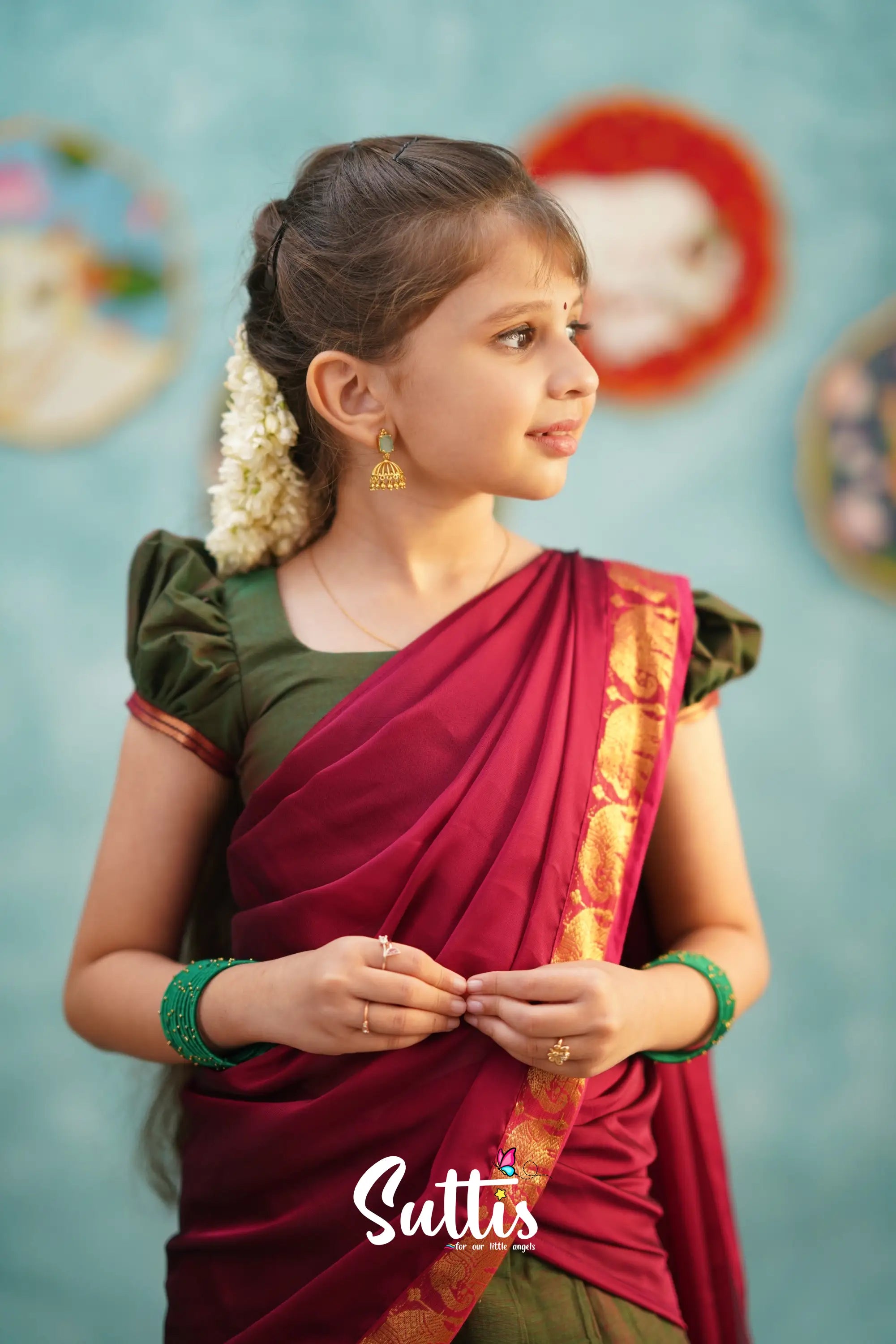 Kumaari - Manthalir Green And Reddish Maroon Cotton Halfsaree Kids-Suttis