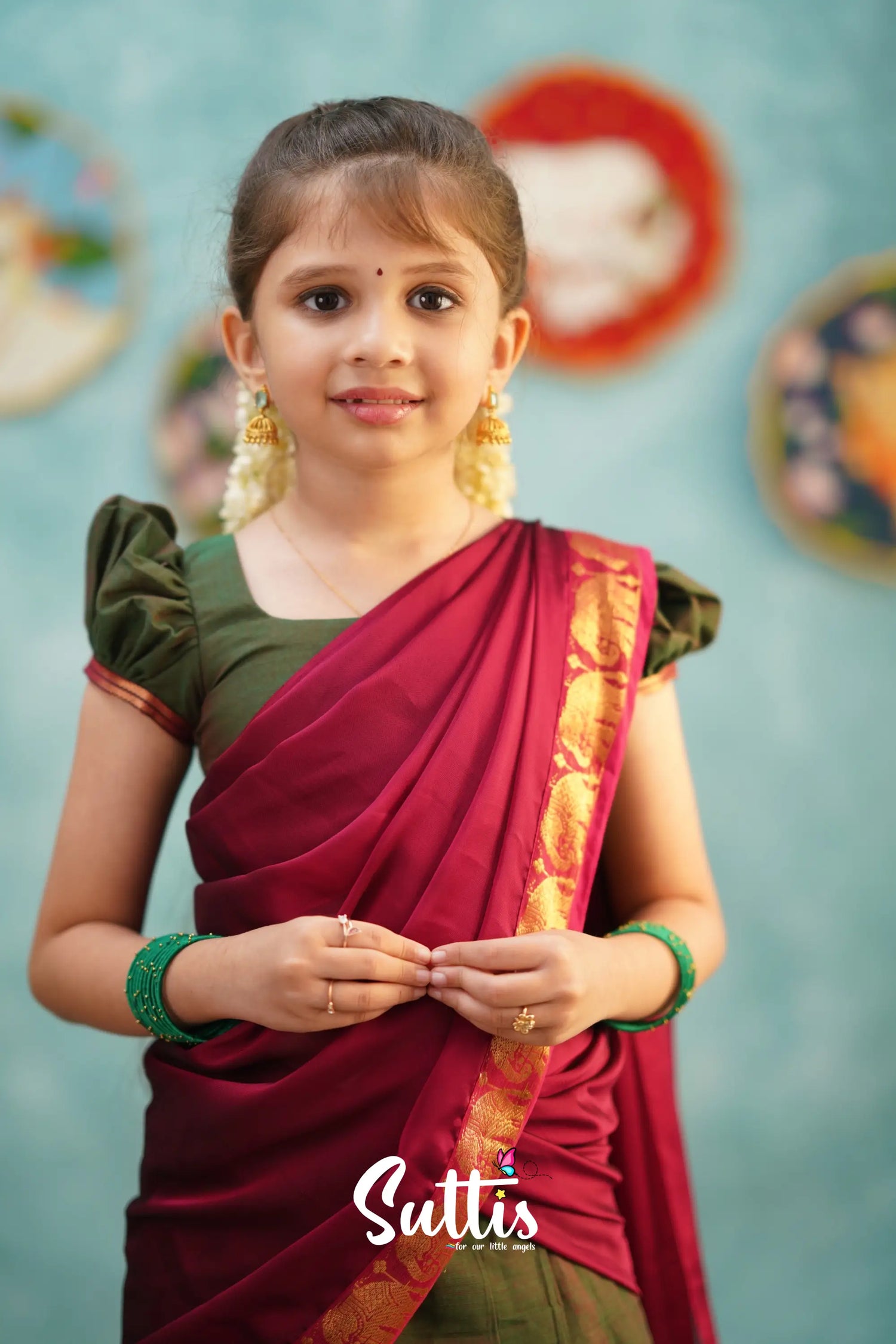 Kumaari - Manthalir Green And Reddish Maroon Cotton Halfsaree Kids-Suttis