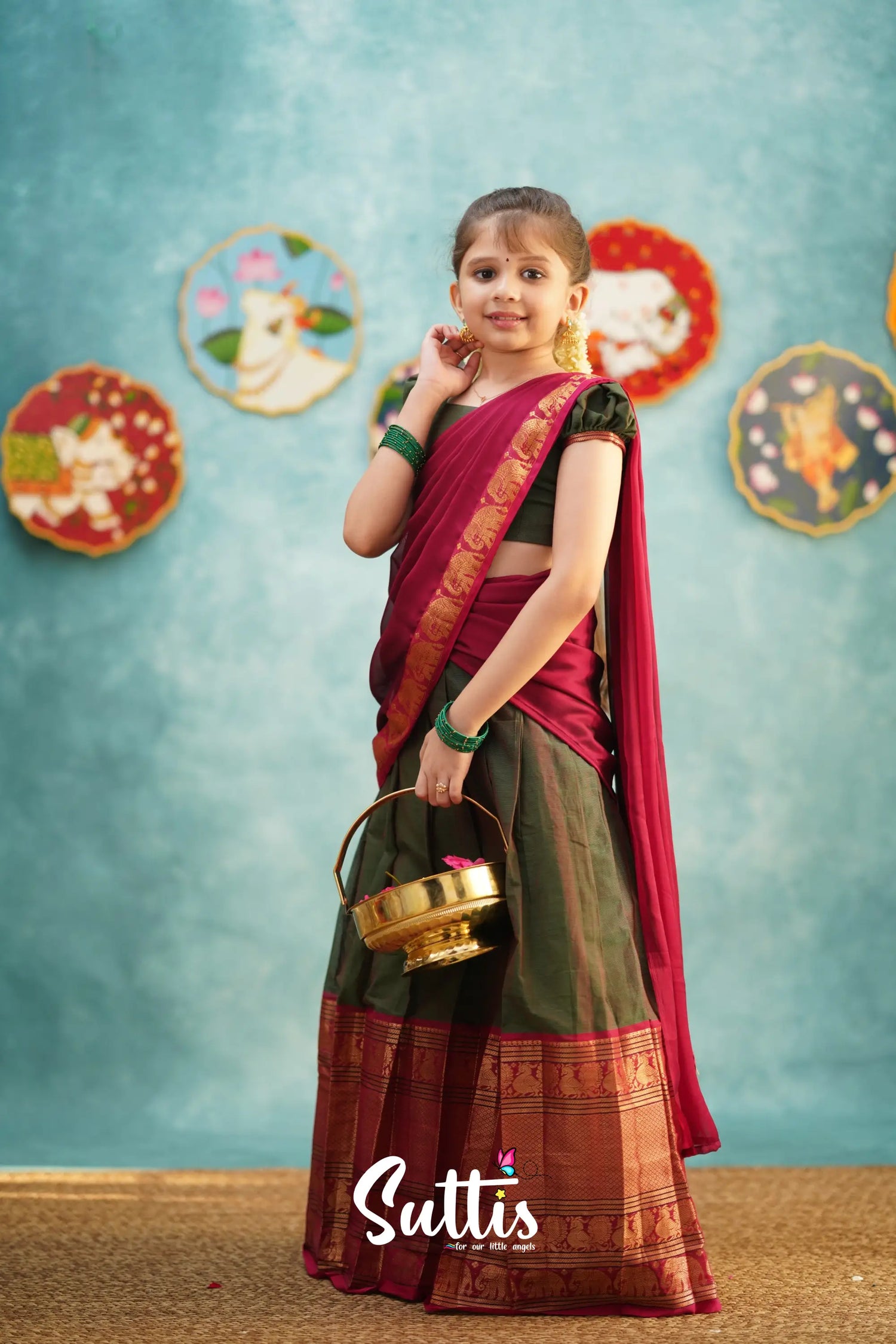 Kumaari - Manthalir Green And Reddish Maroon Cotton Halfsaree Kids-Suttis