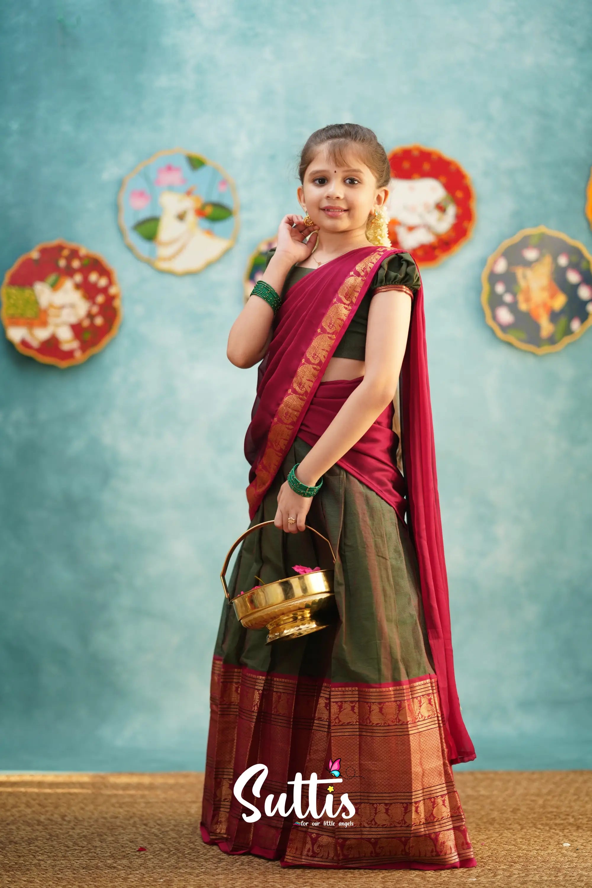 Kumaari - Manthalir Green And Reddish Maroon Cotton Halfsaree Kids-Suttis