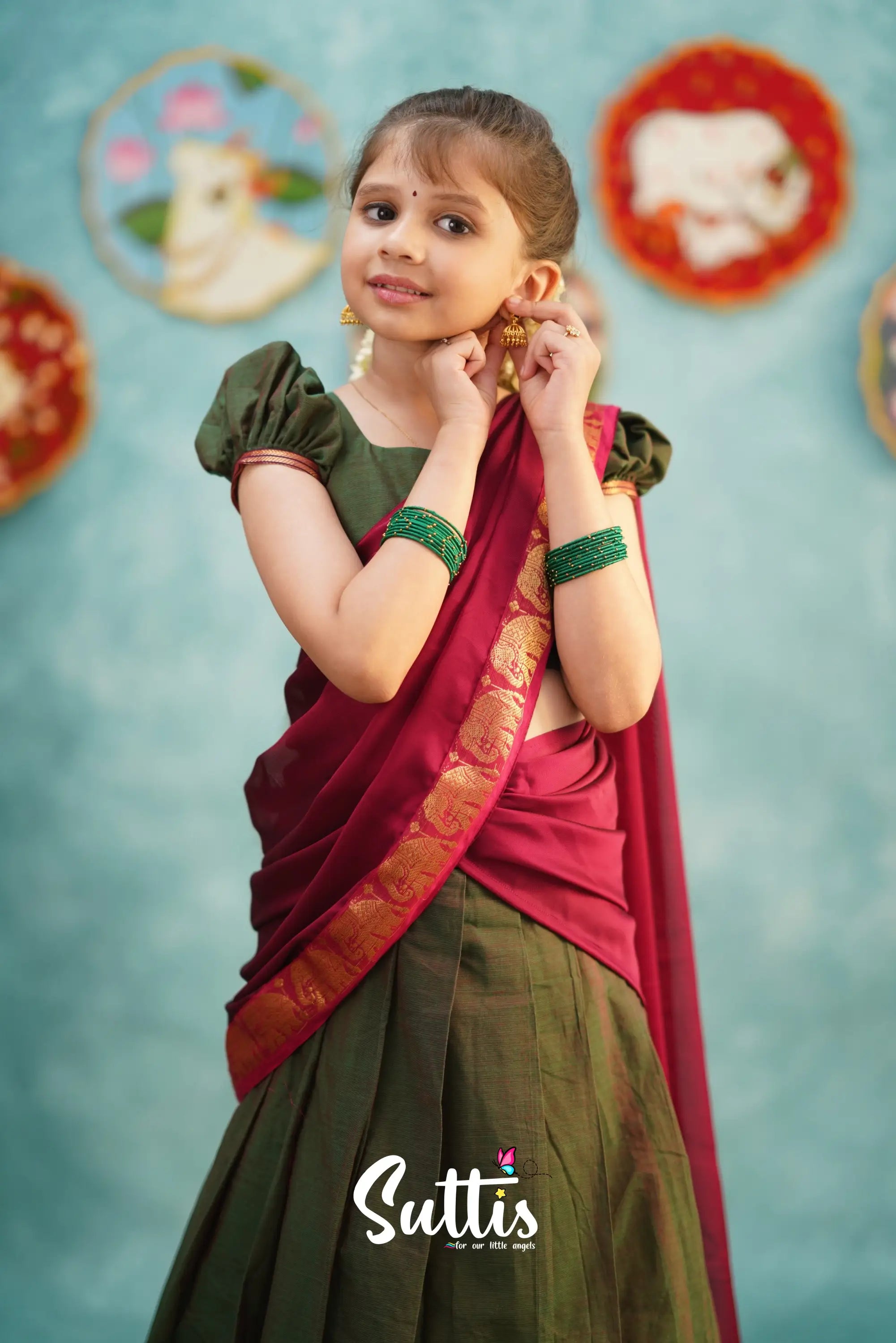 Kumaari - Manthalir Green And Reddish Maroon Cotton Halfsaree Kids-Suttis