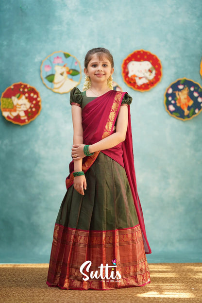 Kumaari - Manthalir Green And Reddish Maroon Cotton Halfsaree Kids-Suttis