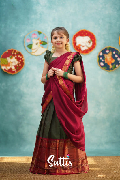 Kumaari - Manthalir Green And Reddish Maroon Cotton Halfsaree Kids-Suttis