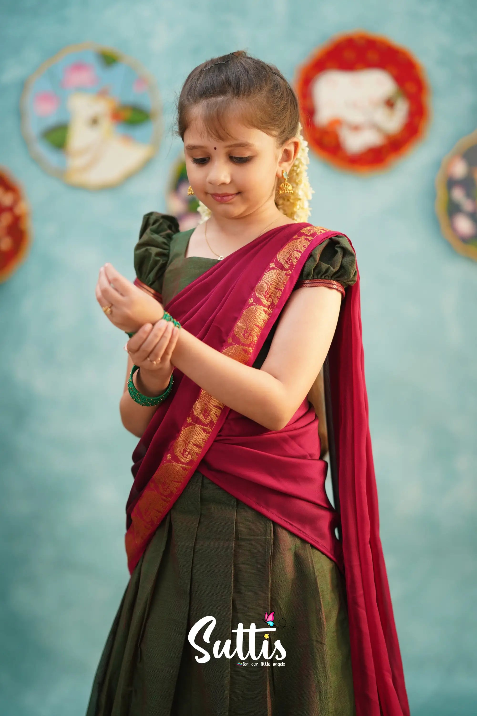 Kumaari - Manthalir Green And Reddish Maroon Cotton Halfsaree Kids-Suttis