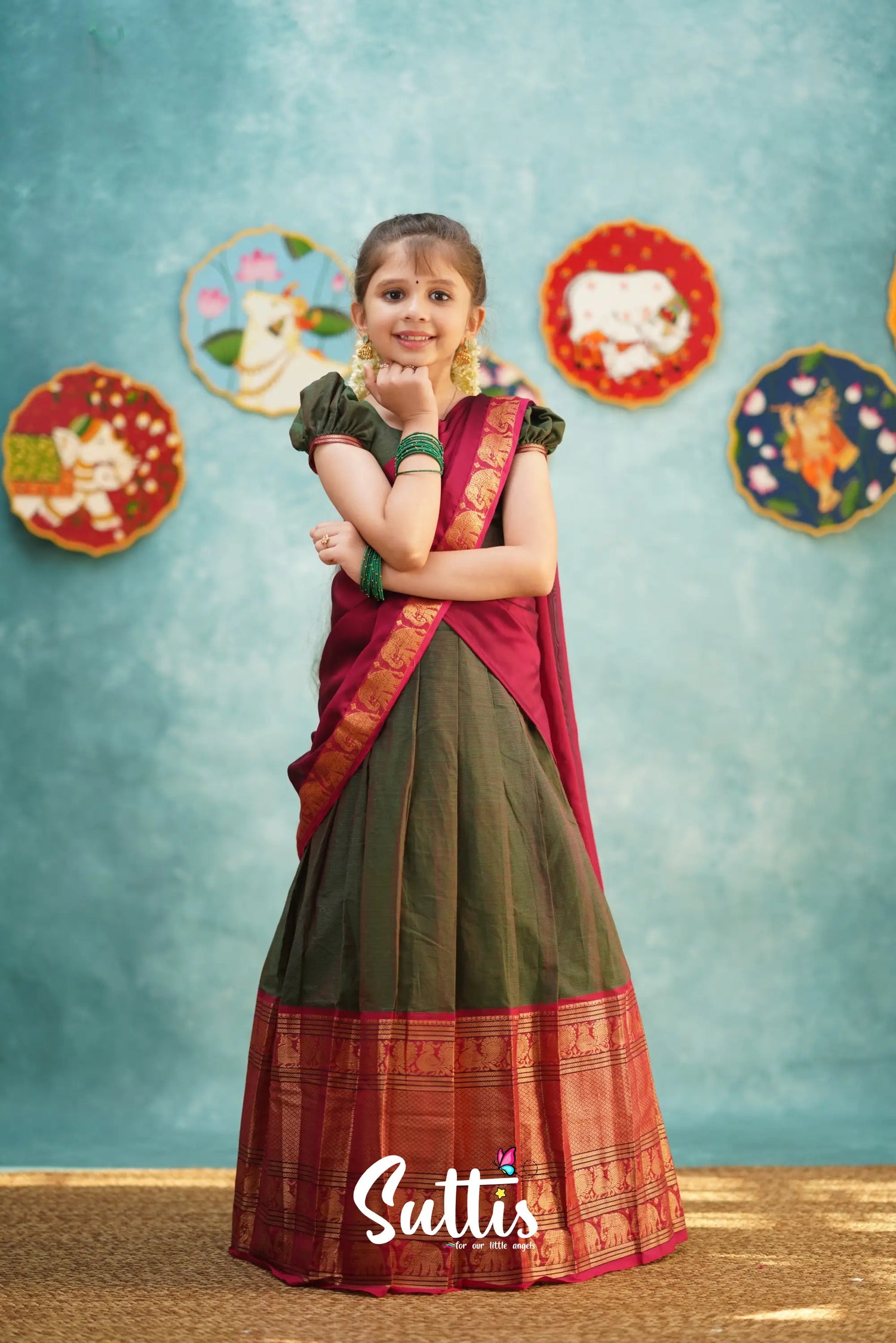 Kumaari - Manthalir Green And Reddish Maroon Cotton Halfsaree Kids-Suttis