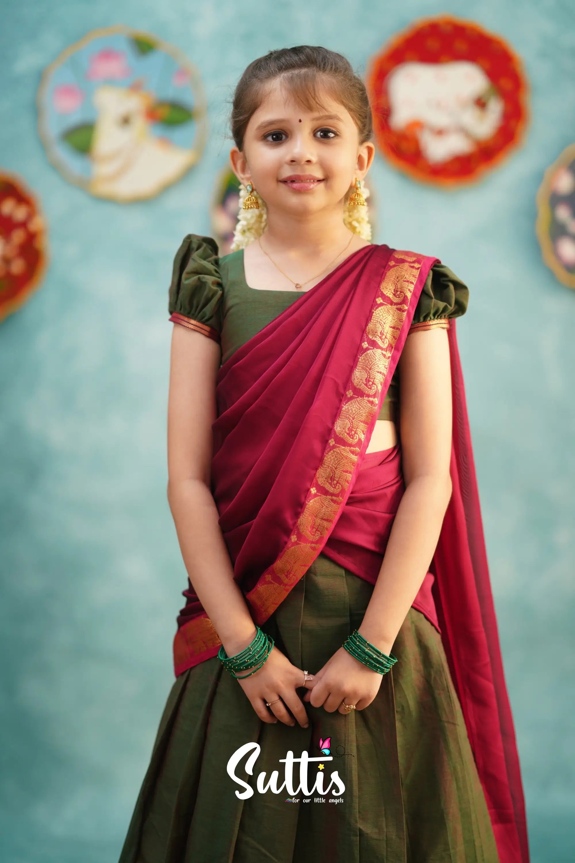 Kumaari - Manthalir Green And Reddish Maroon Cotton Halfsaree Kids-Suttis