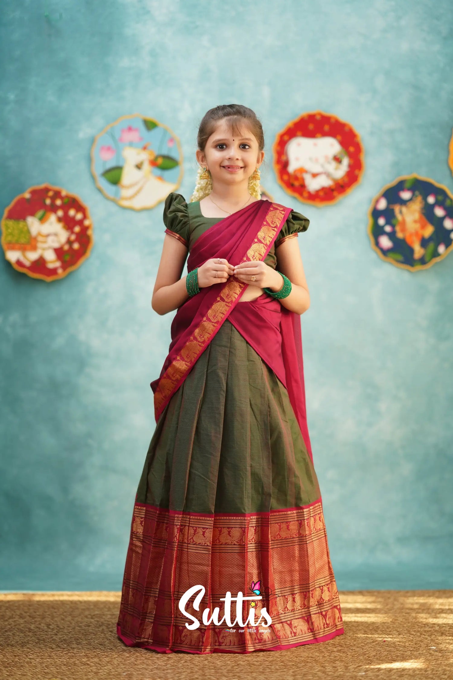 Kumaari - Manthalir Green And Reddish Maroon Cotton Halfsaree Kids-Suttis