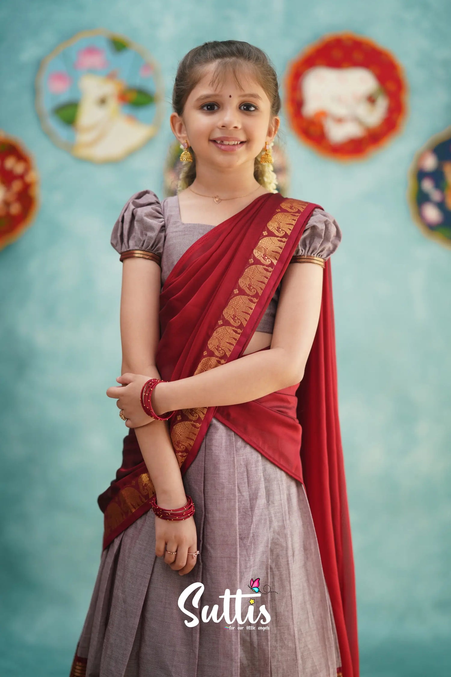 Kumaari - Mauve And Red Cotton Halfsaree Kids-Suttis