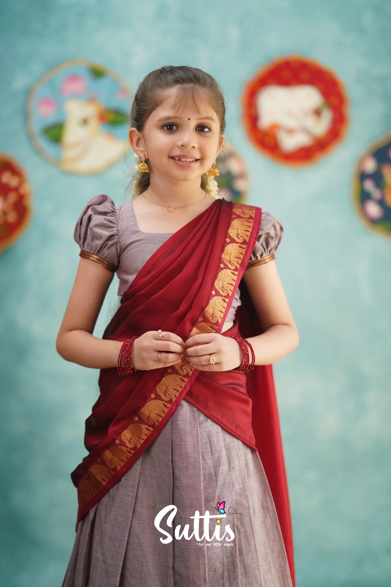 Kumaari - Mauve And Red Cotton Halfsaree Kids-Suttis