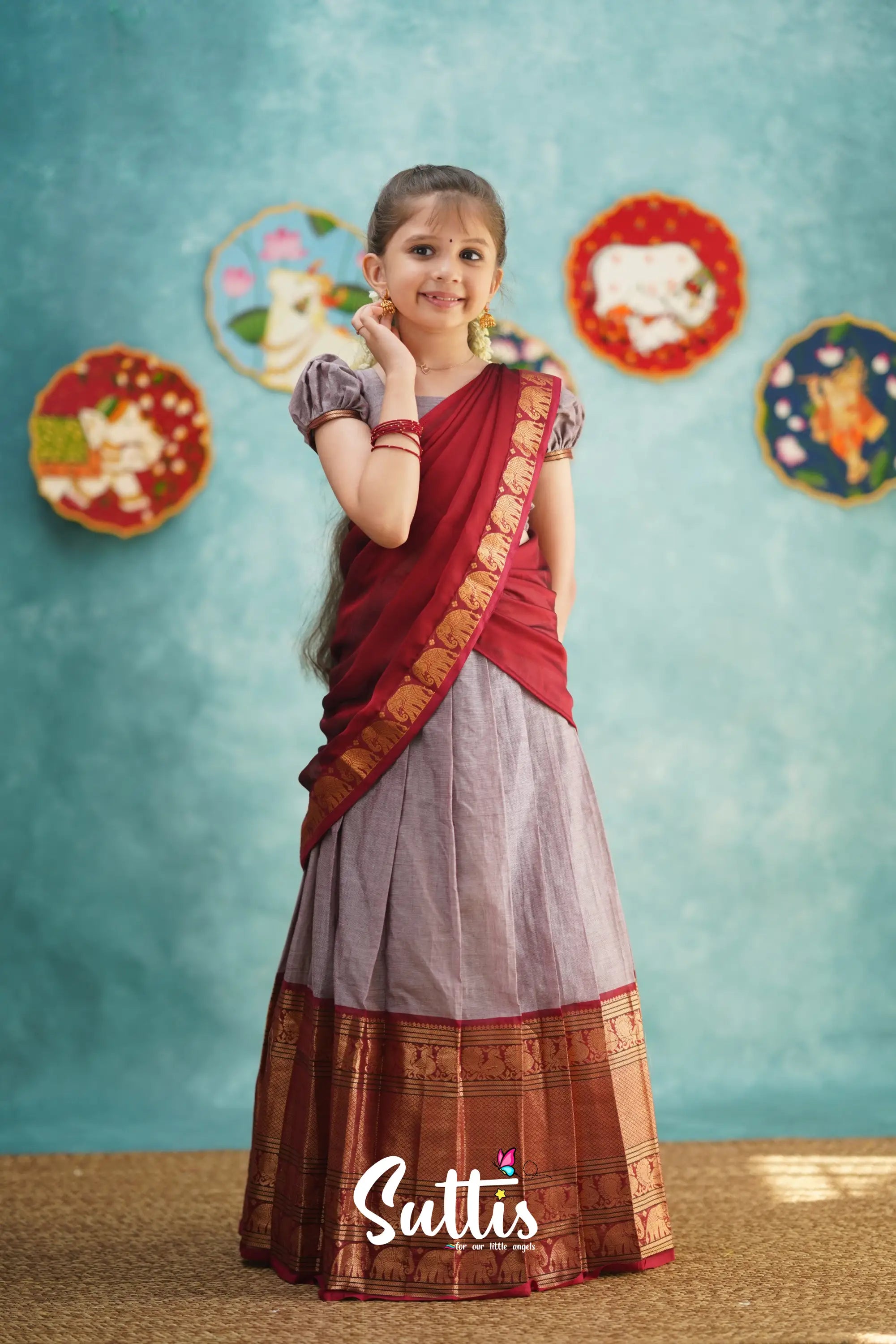 Kumaari - Mauve And Red Cotton Halfsaree Kids-Suttis