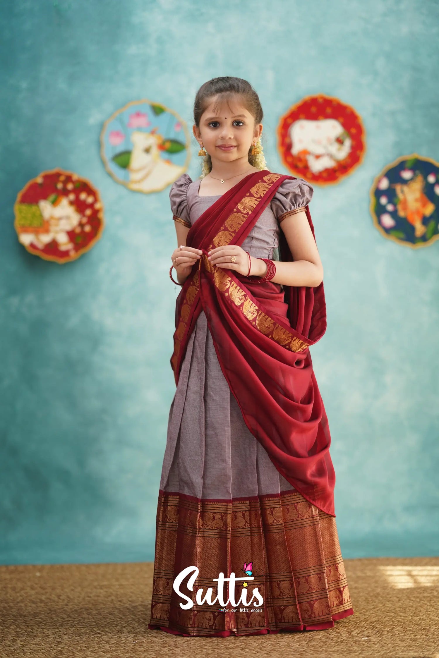 Kumaari - Mauve And Red Cotton Halfsaree Kids-Suttis