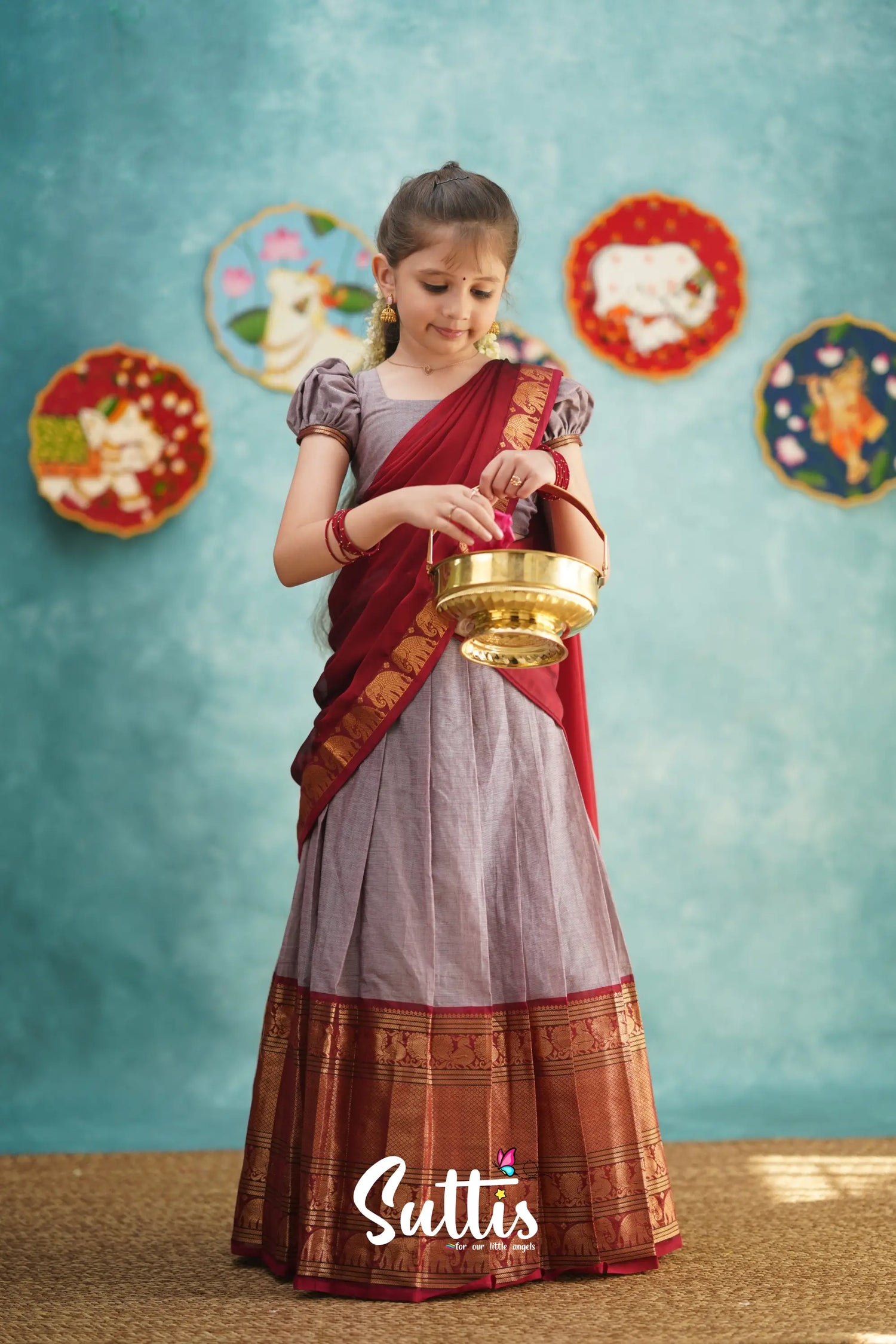 Kumaari - Mauve And Red Cotton Halfsaree Kids-Suttis