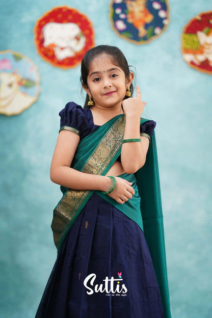 Kumaari - Navy Blue And Teal Green Cotton Halfsaree Kids-Suttis