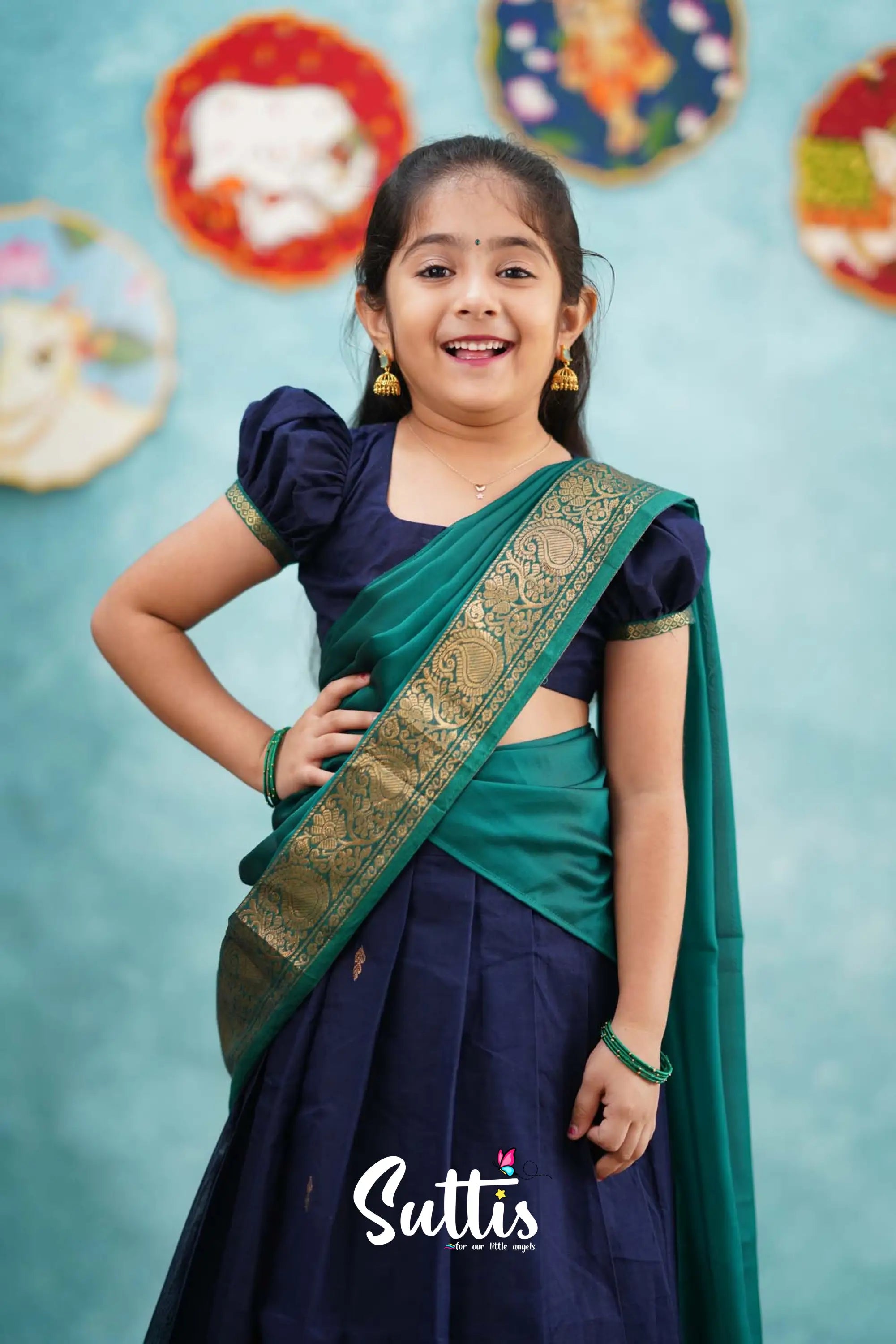 Kumaari - Navy Blue And Teal Green Cotton Halfsaree Kids-Suttis