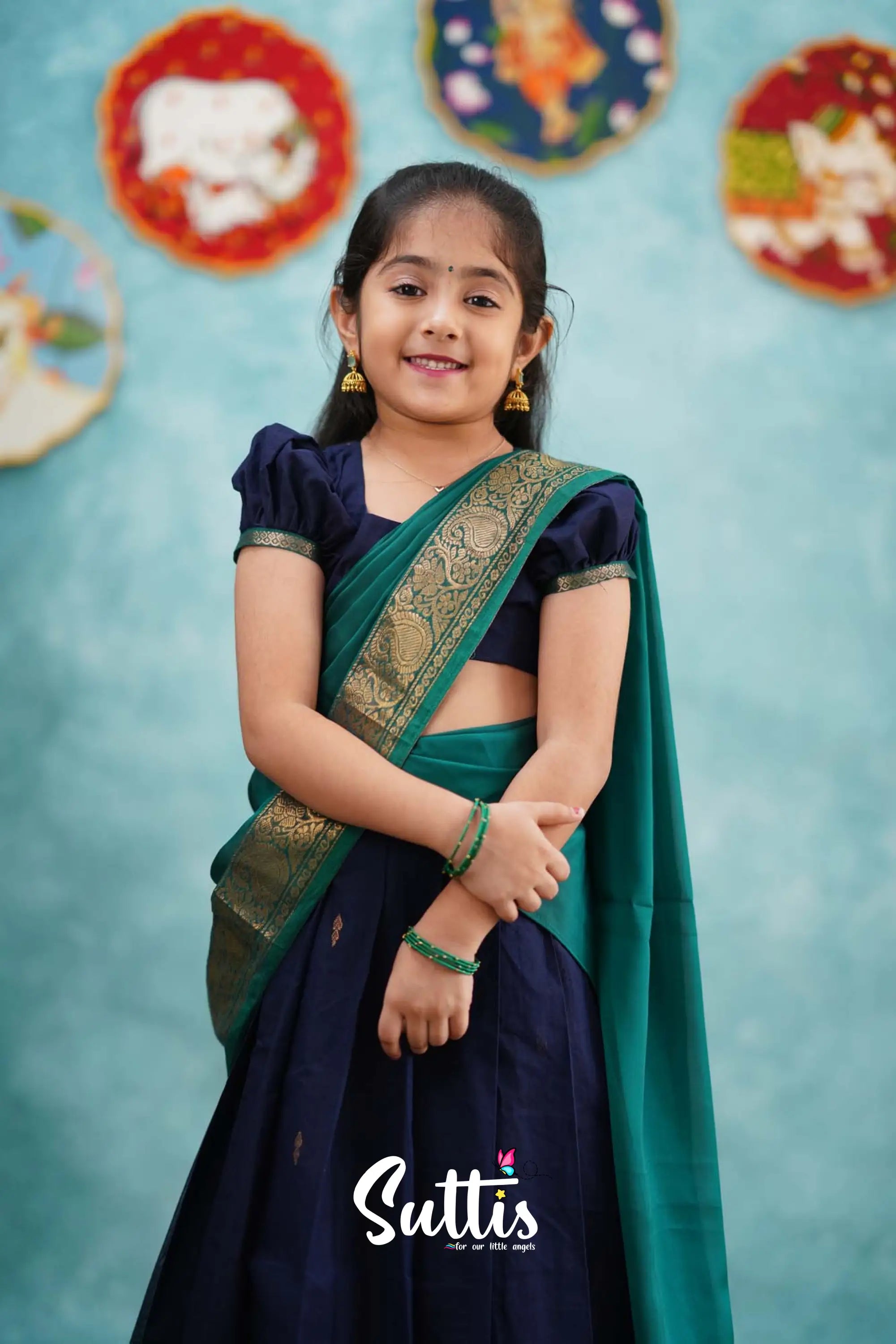 Kumaari - Navy Blue And Teal Green Cotton Halfsaree Kids-Suttis