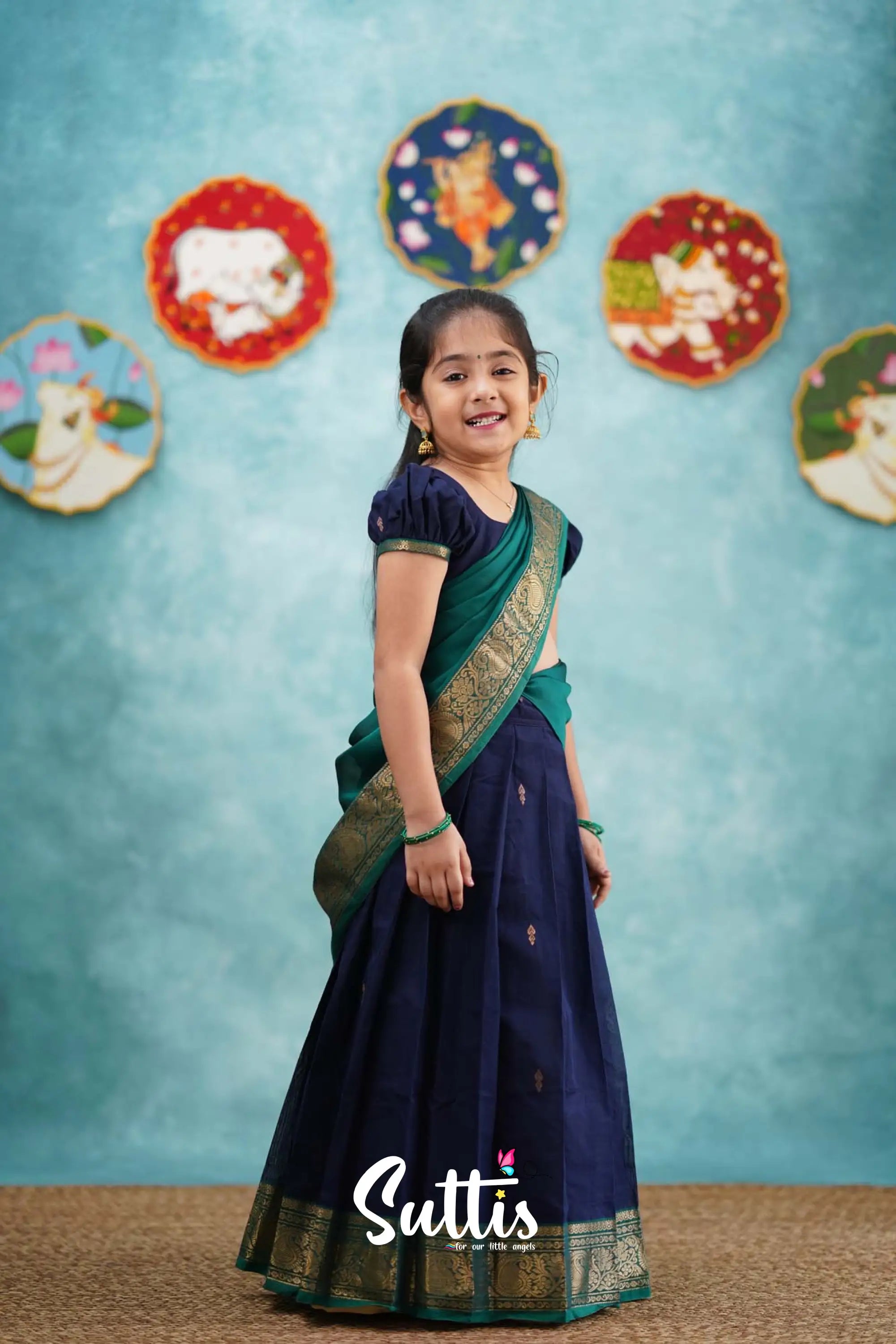 Kumaari - Navy Blue And Teal Green Cotton Halfsaree Kids-Suttis