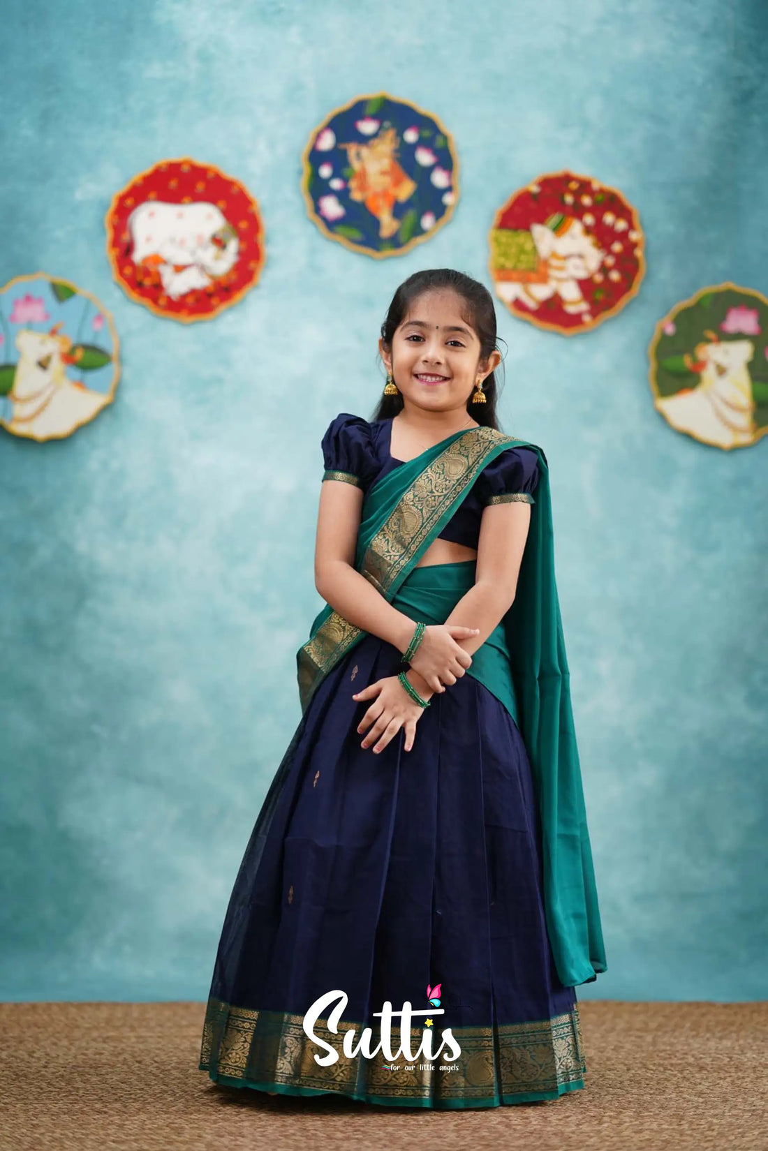 Kumaari - Navy Blue And Teal Green Cotton Halfsaree Kids-Suttis