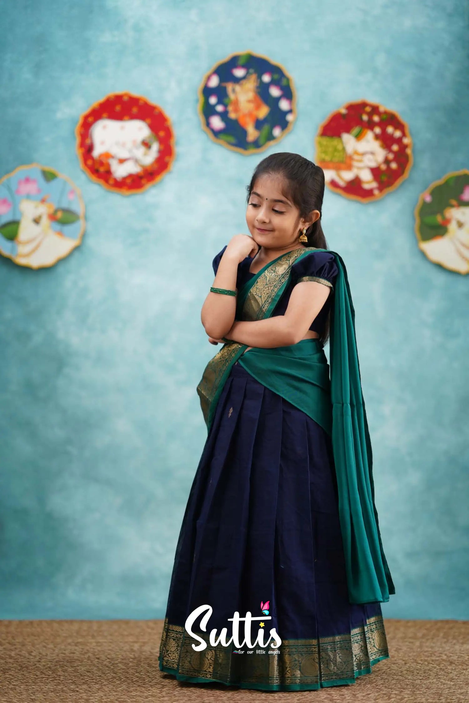 Kumaari - Navy Blue And Teal Green Cotton Halfsaree Kids-Suttis