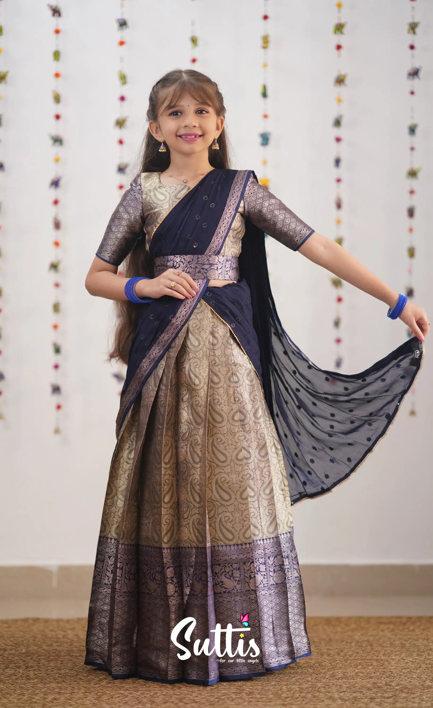 Kumaari- Navy Blue Organza Halfsaree Kids-Suttis