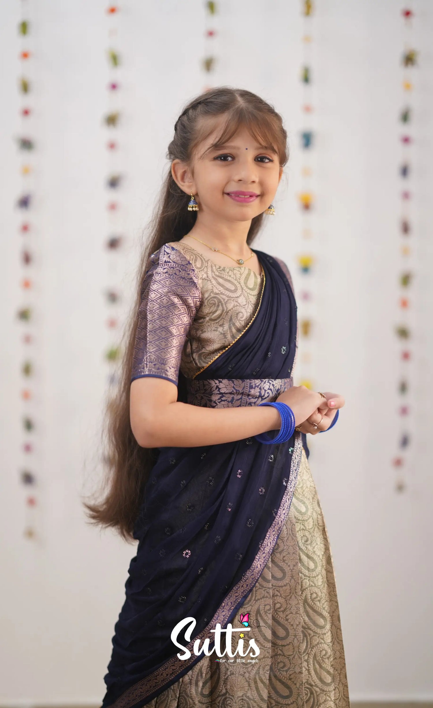 Kumaari- Navy Blue Organza Halfsaree Kids-Suttis