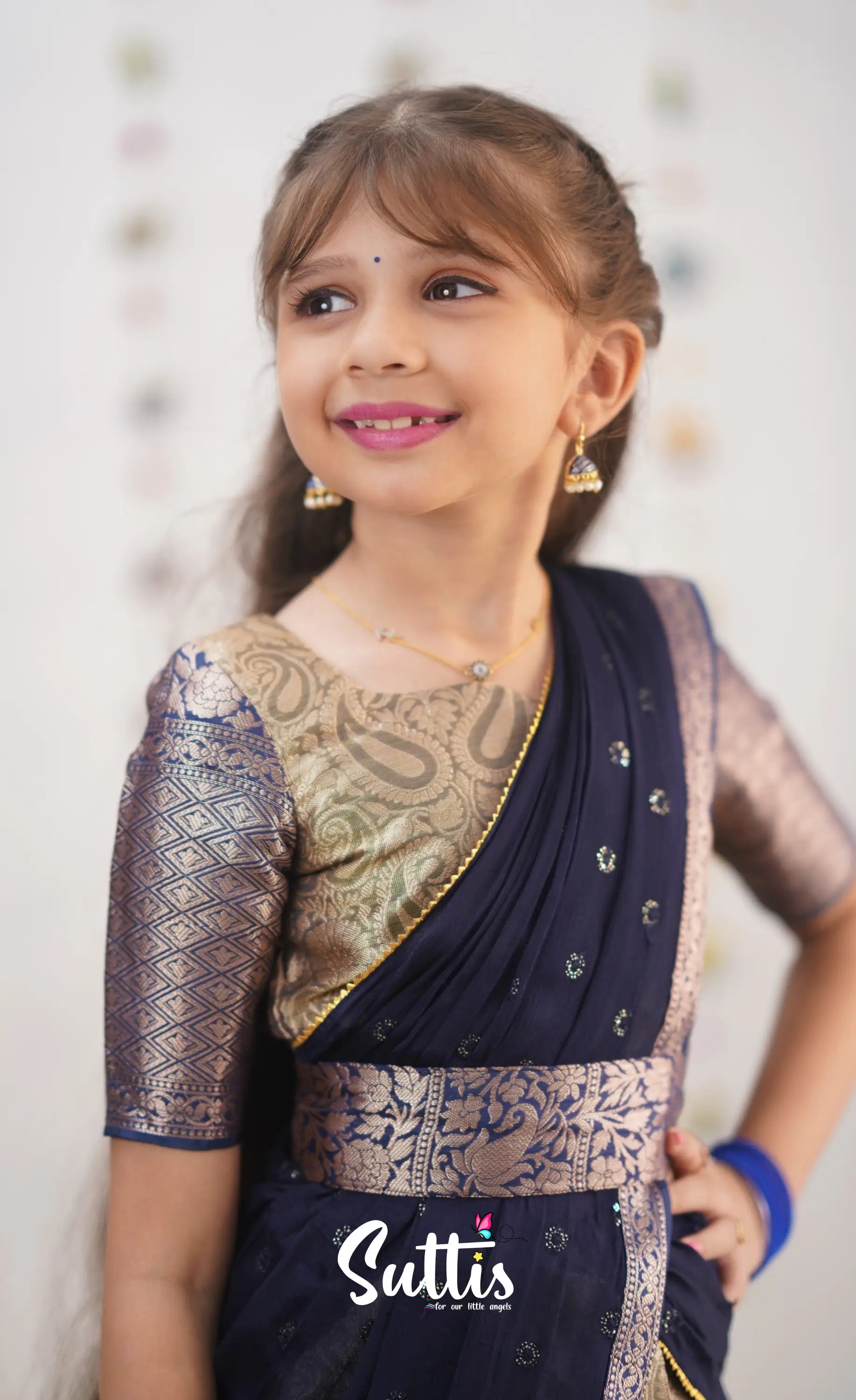 Kumaari- Navy Blue Organza Halfsaree Kids-Suttis