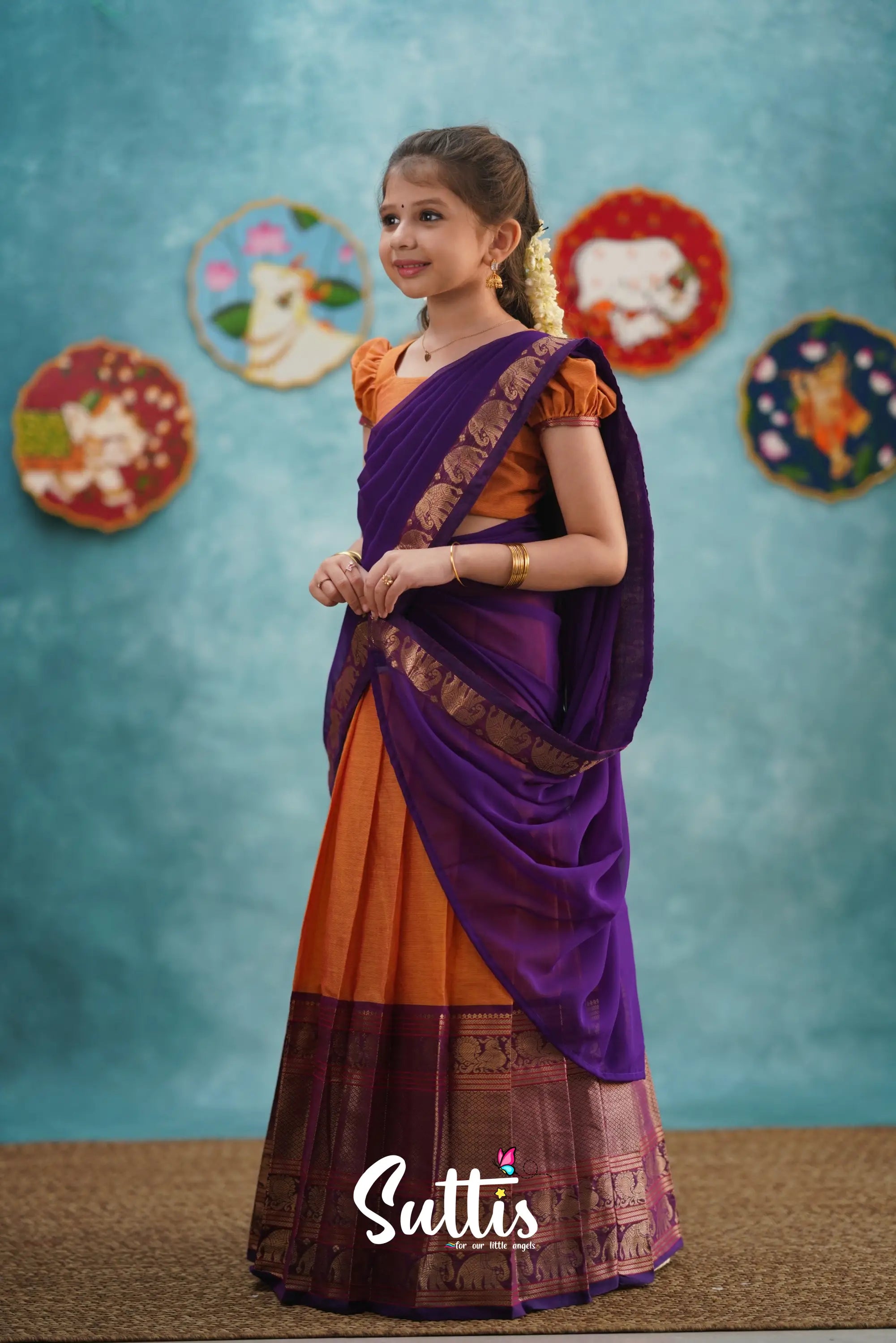 Kumaari - Orange And Purple Cotton Halfsaree Kids-Suttis