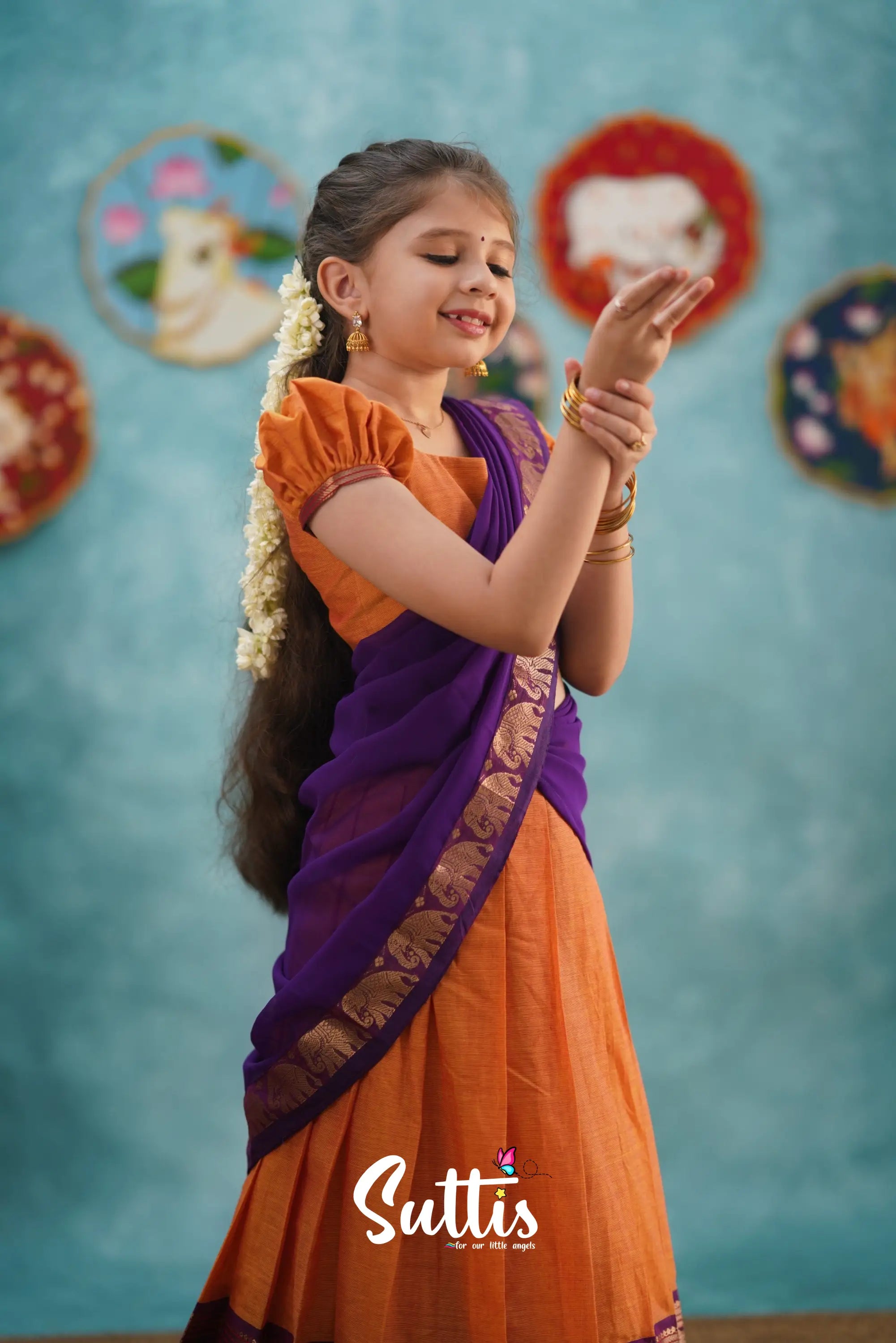 Kumaari - Orange And Purple Cotton Halfsaree Kids-Suttis