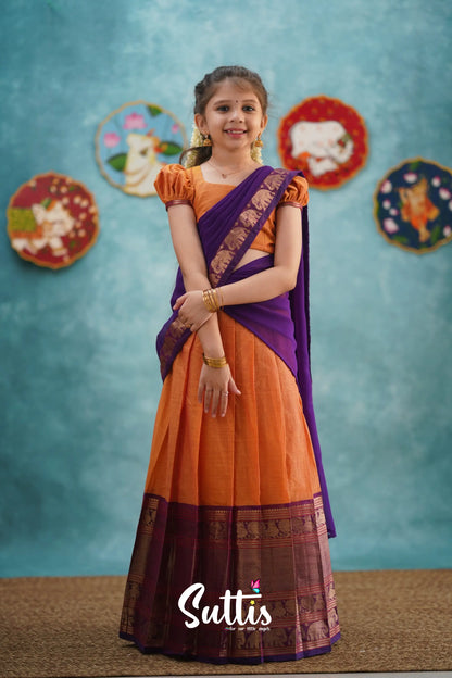 Kumaari - Orange And Purple Cotton Halfsaree Kids-Suttis