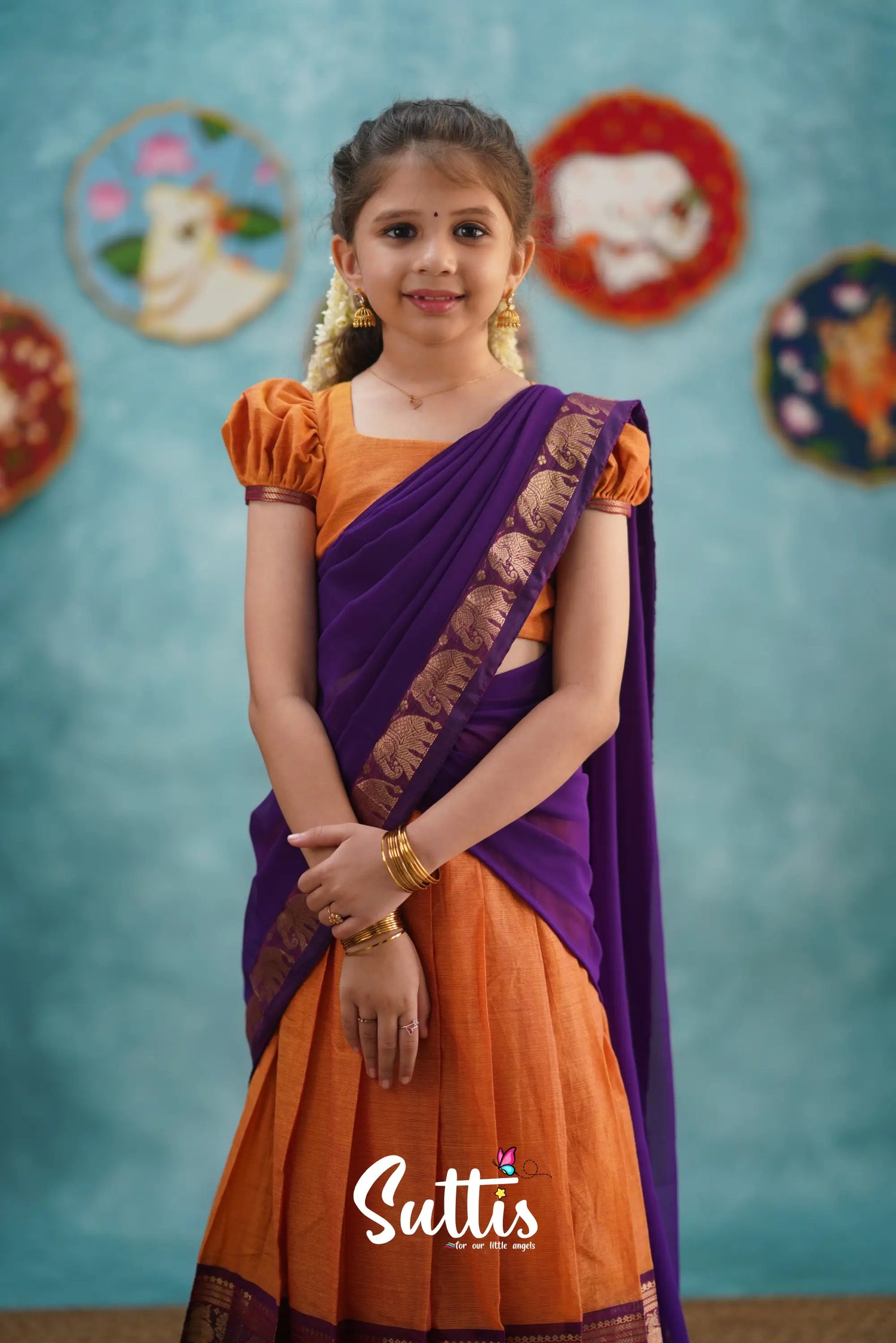 Kumaari - Orange And Purple Cotton Halfsaree Kids-Suttis