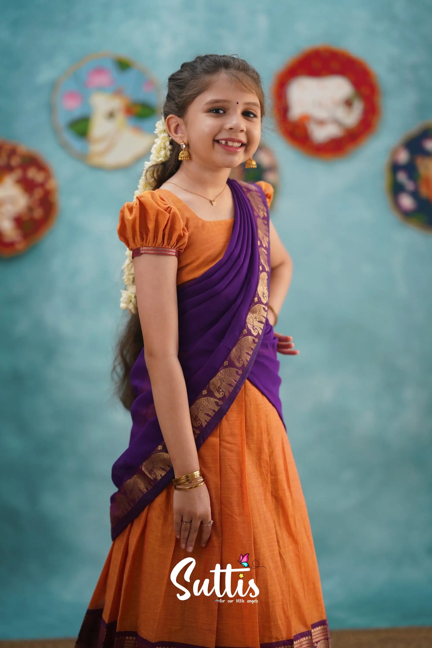 Kumaari - Orange And Purple Cotton Halfsaree Kids-Suttis