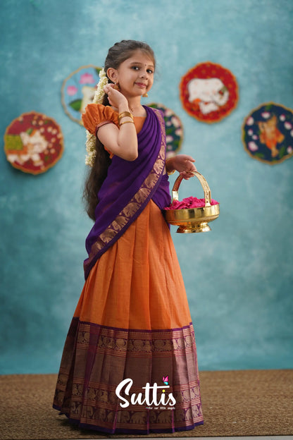 Kumaari - Orange And Purple Cotton Halfsaree Kids-Suttis