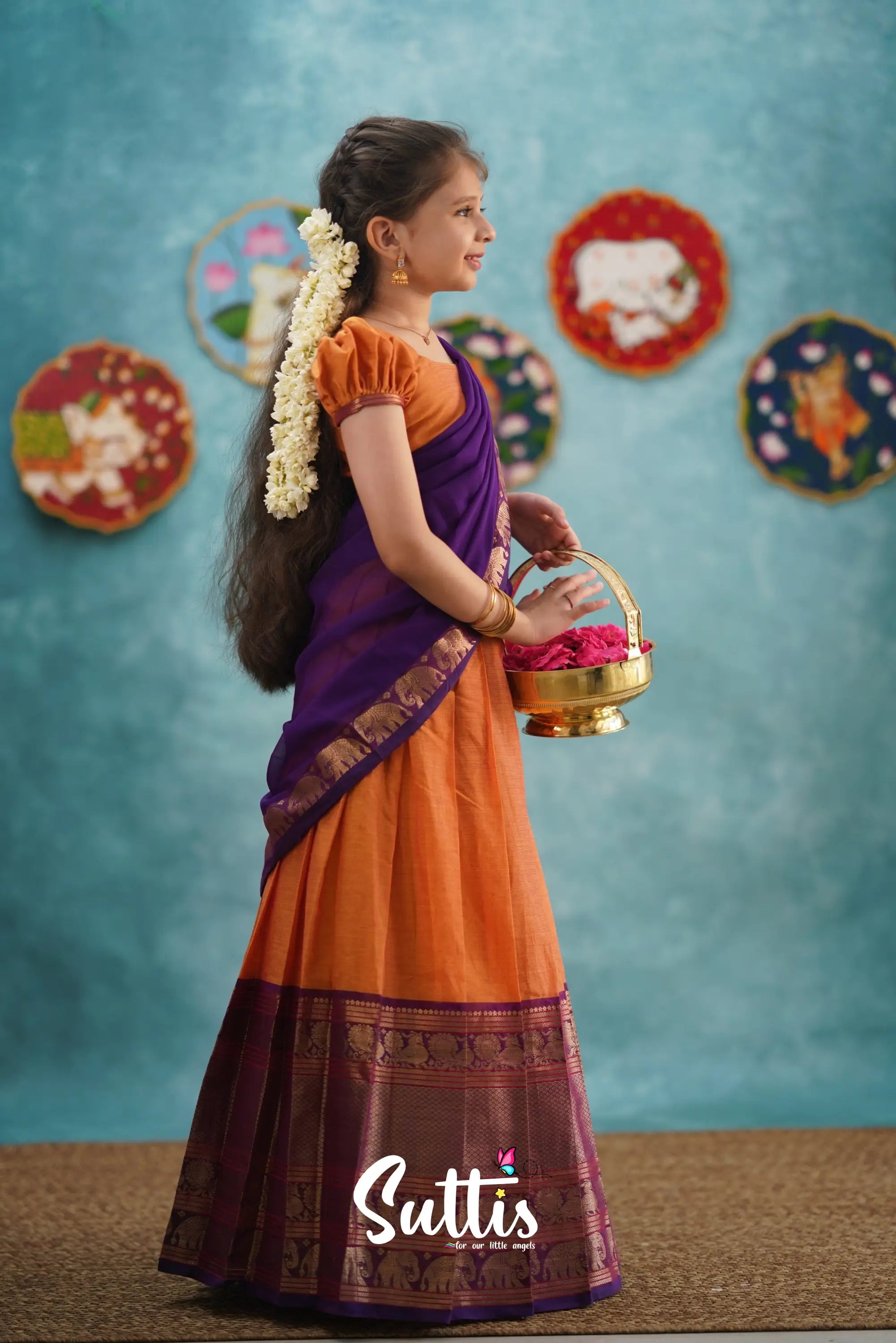 Kumaari - Orange And Purple Cotton Halfsaree Kids-Suttis