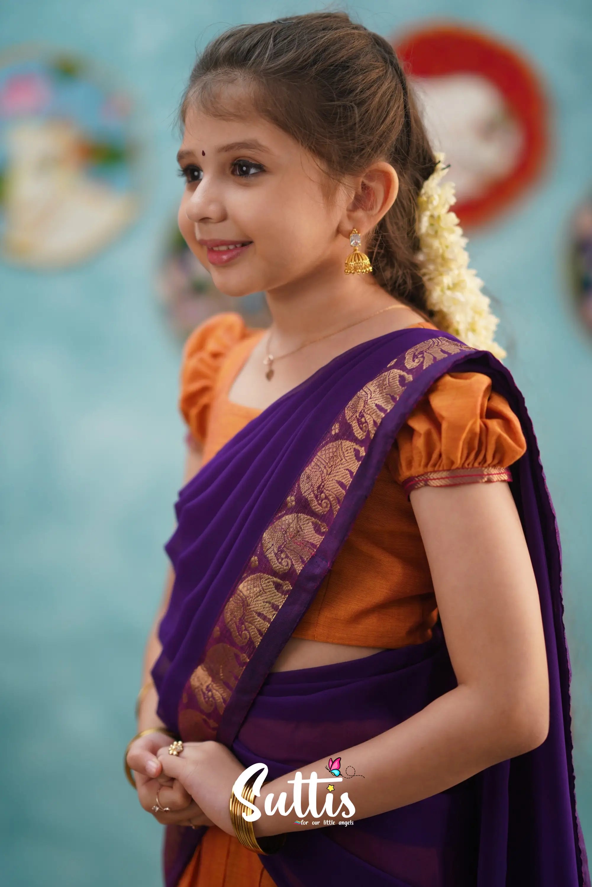 Kumaari - Orange And Purple Cotton Halfsaree Kids-Suttis