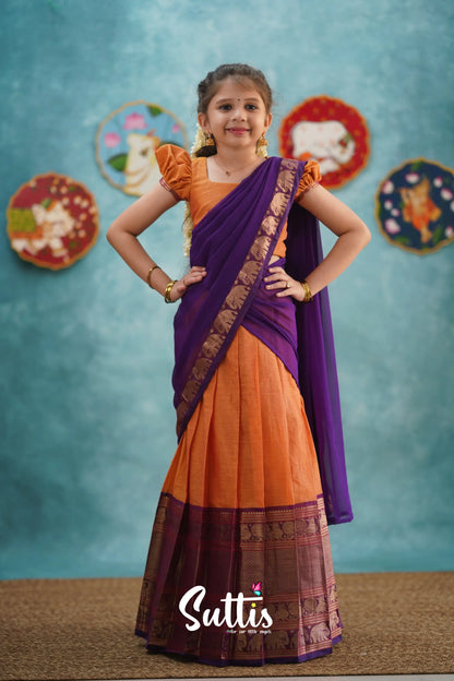 Kumaari - Orange And Purple Cotton Halfsaree Kids-Suttis