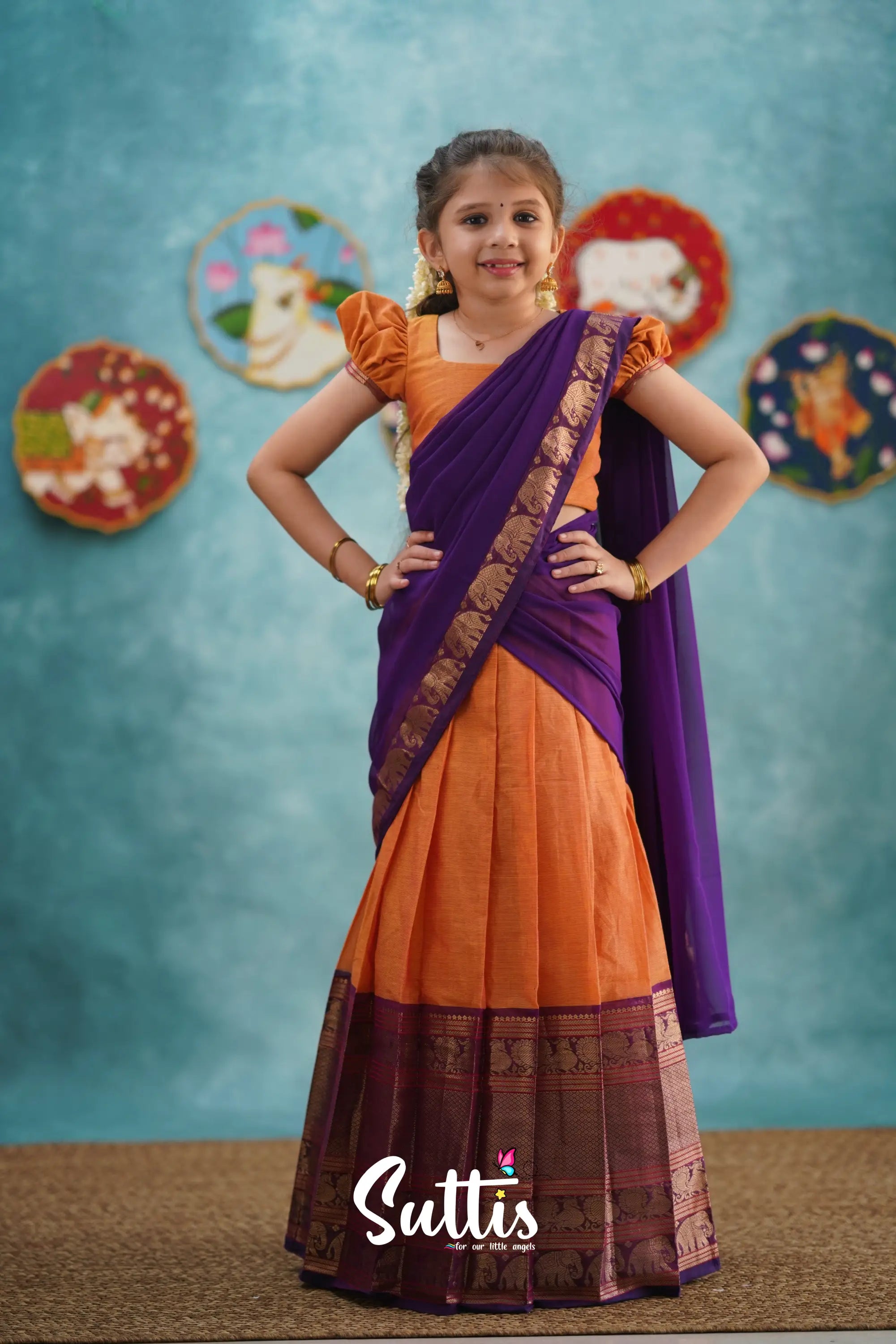 Kumaari - Orange And Purple Cotton Halfsaree Kids-Suttis