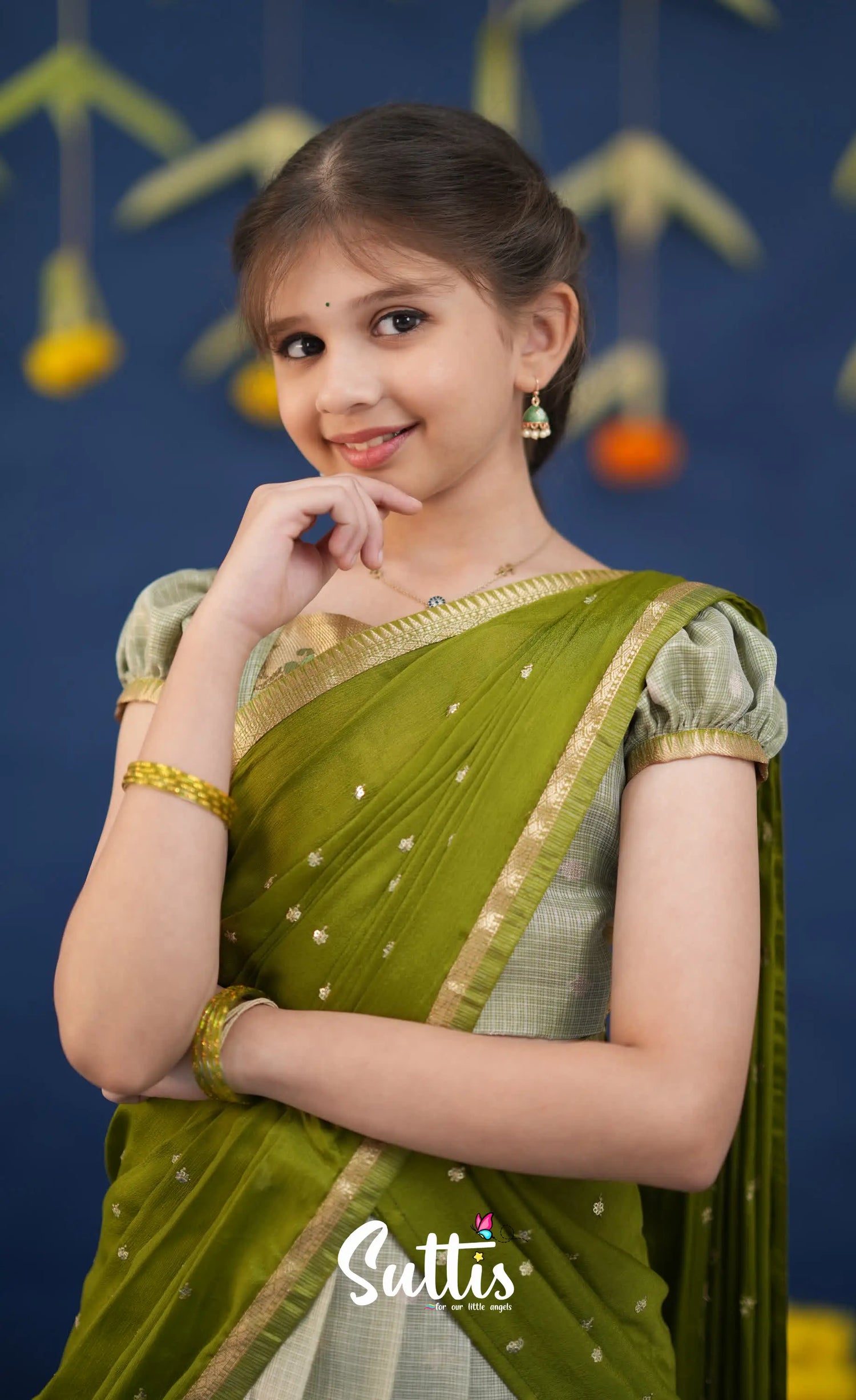 Kumaari Pastel Green and Dark Pista Green Paithani Kota Halfsaree Kids-Suttis