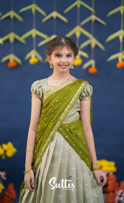 Kumaari Pastel Green and Dark Pista Green Paithani Kota Halfsaree Kids-Suttis