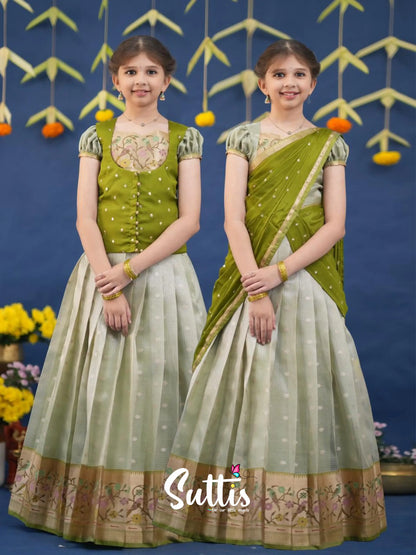 Kumaari Pastel Green and Dark Pista Green Paithani Kota Halfsaree Kids-Suttis