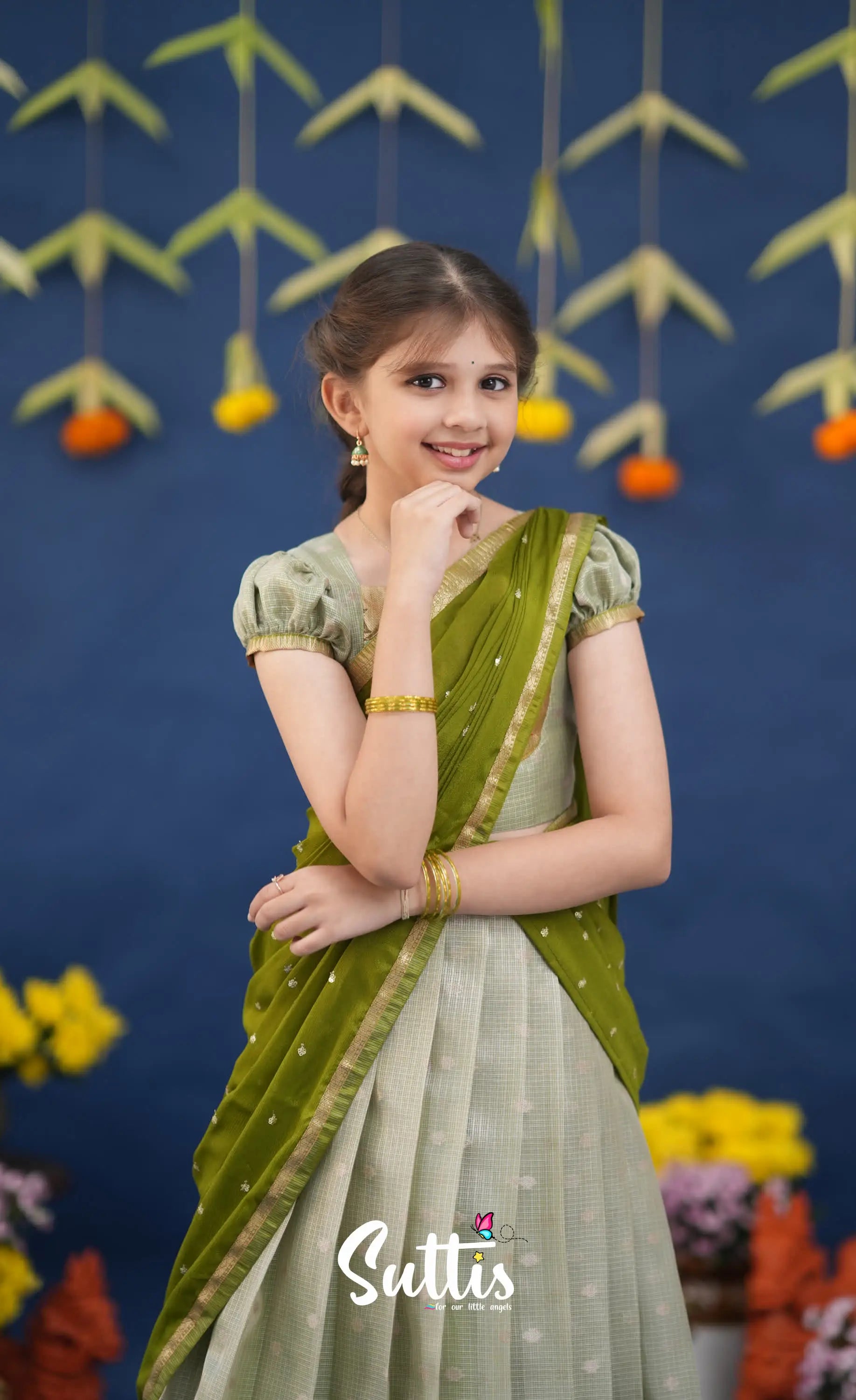 Kumaari Pastel Green and Dark Pista Green Paithani Kota Halfsaree Kids-Suttis