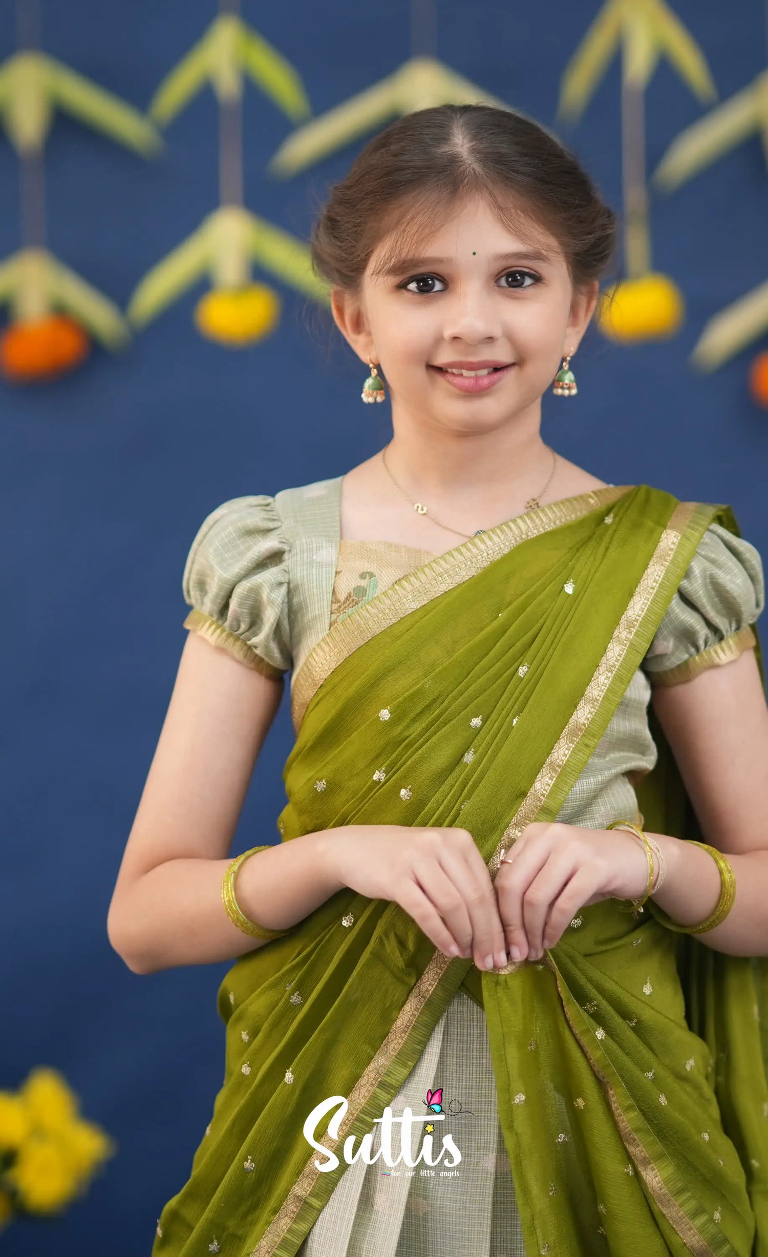 Kumaari Pastel Green and Dark Pista Green Paithani Kota Halfsaree Kids-Suttis