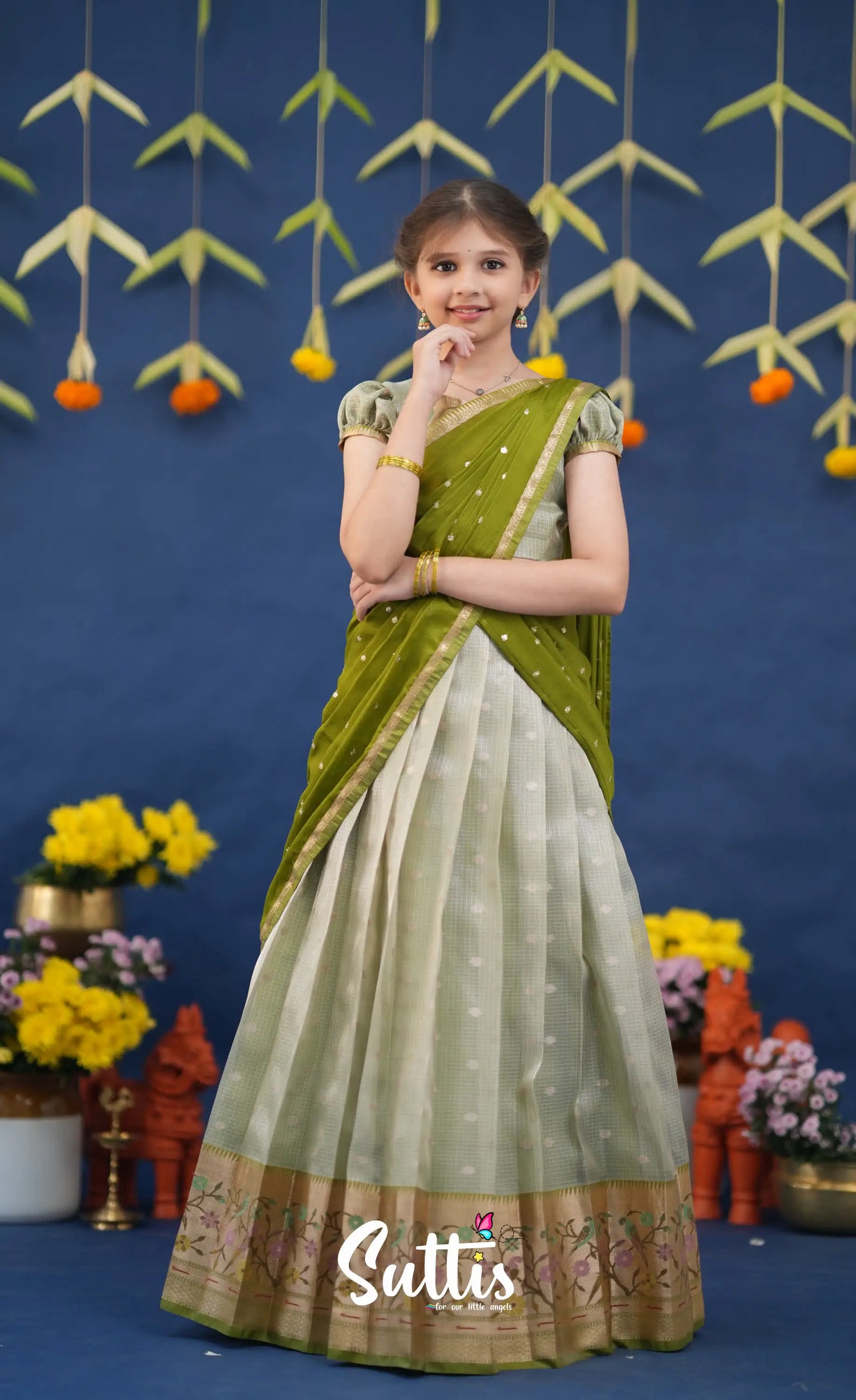 Kumaari Pastel Green and Dark Pista Green Paithani Kota Halfsaree Kids-Suttis
