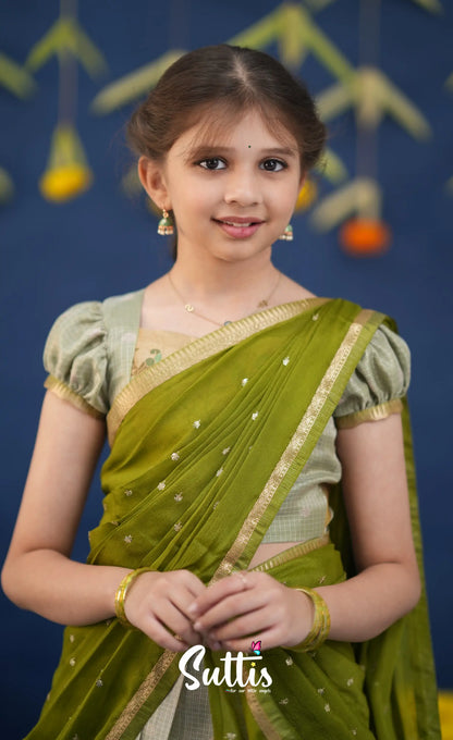 Kumaari Pastel Green and Dark Pista Green Paithani Kota Halfsaree Kids-Suttis