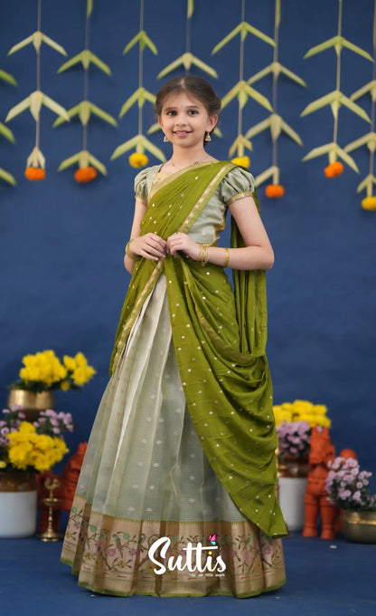 Kumaari Pastel Green and Dark Pista Green Paithani Kota Halfsaree Kids-Suttis