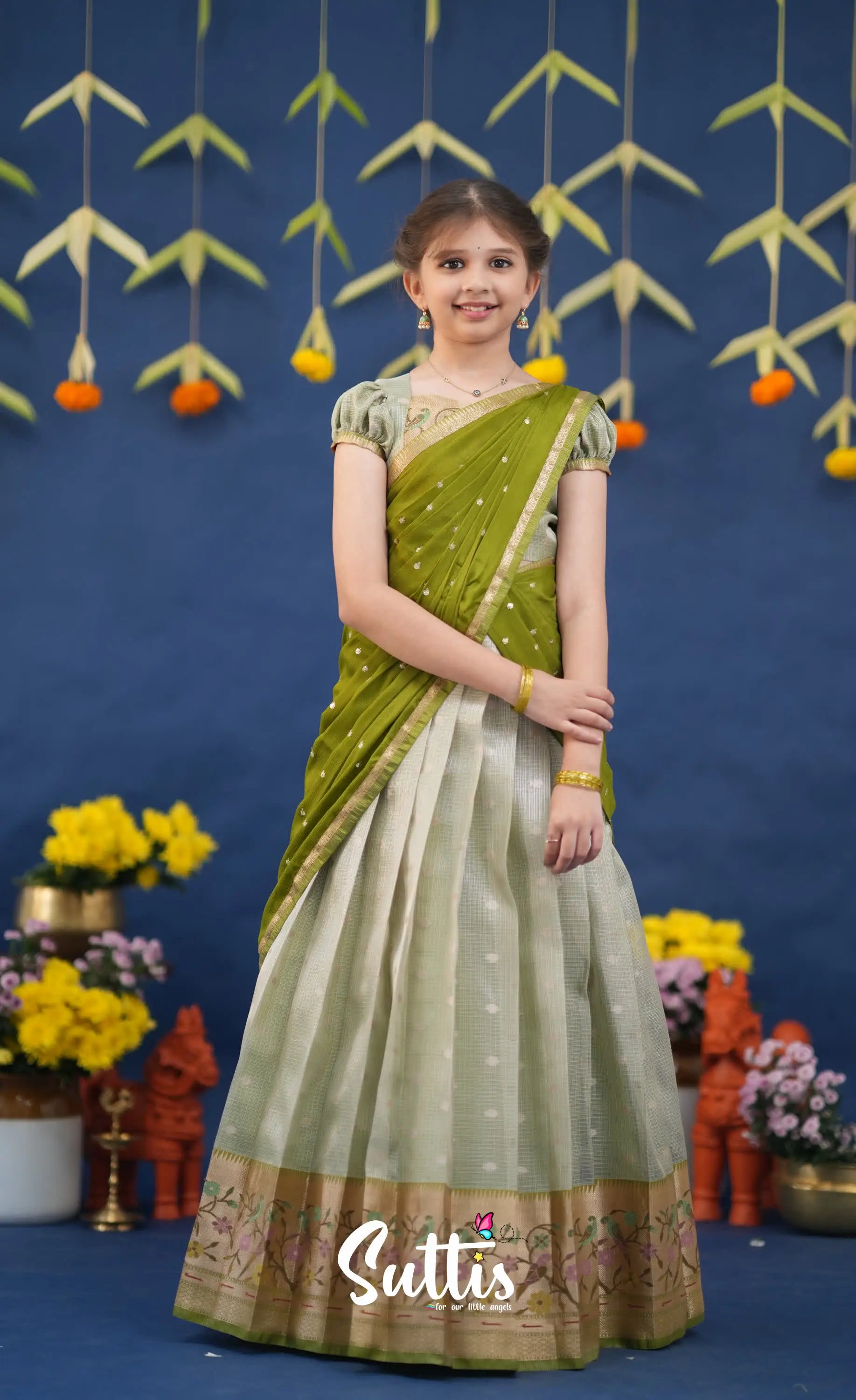 Kumaari Pastel Green and Dark Pista Green Paithani Kota Halfsaree Kids-Suttis