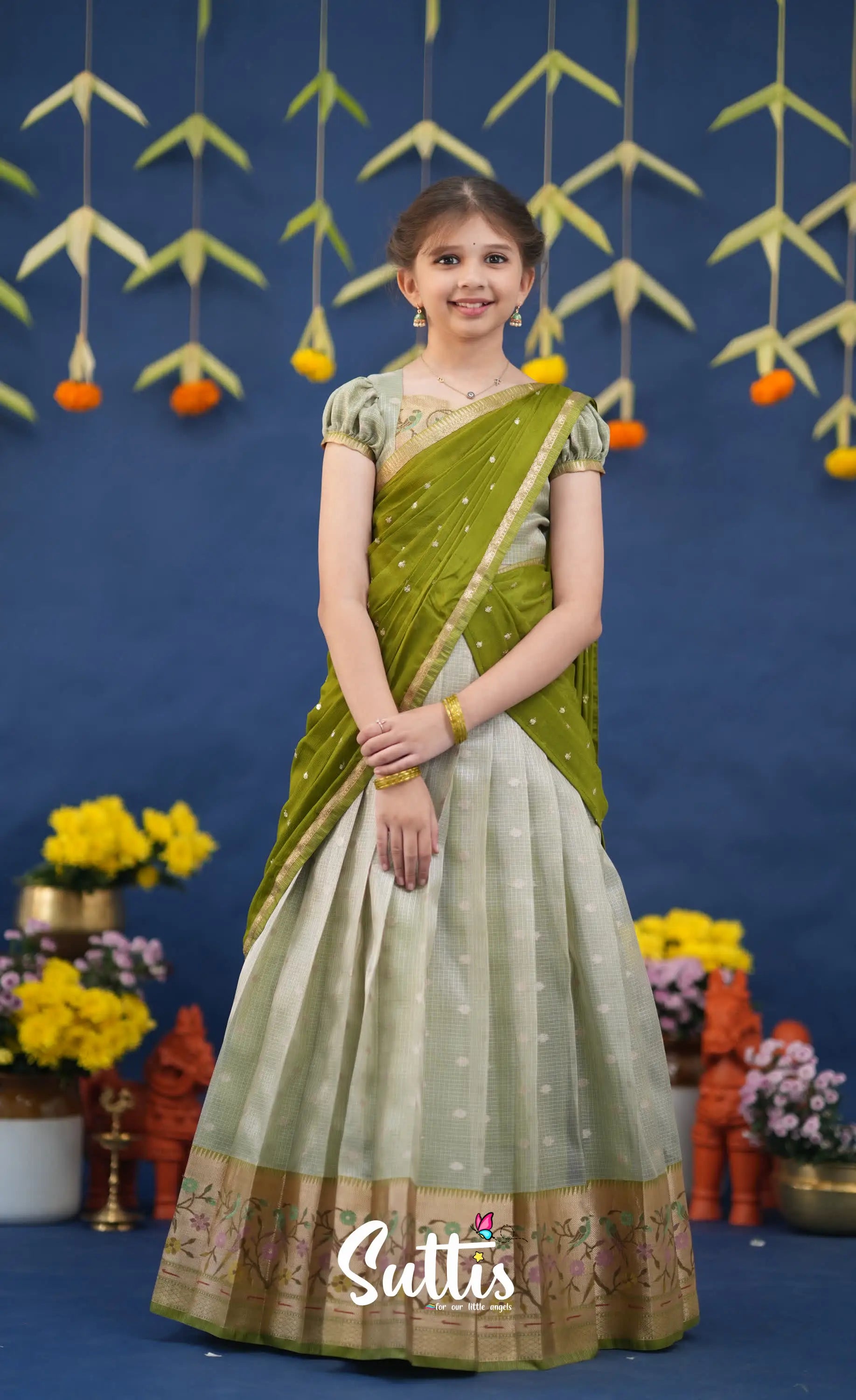 Kumaari Pastel Green and Dark Pista Green Paithani Kota Halfsaree Kids-Suttis
