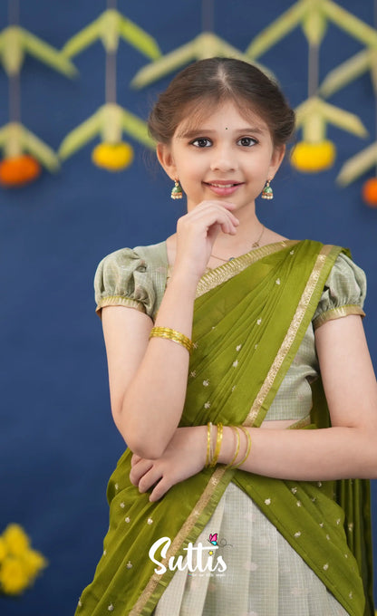 Kumaari Pastel Green and Dark Pista Green Paithani Kota Halfsaree Kids-Suttis