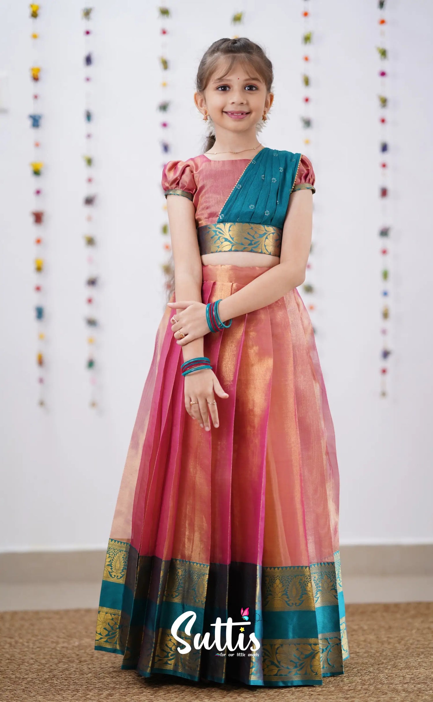 Kumaari Peachish Pink Shade And Teal Blue Tone Organza Half Saree Kids-Suttis