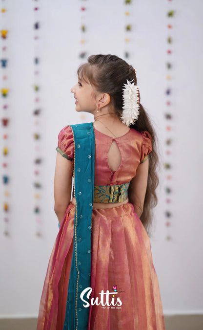 Kumaari Peachish Pink Shade And Teal Blue Tone Organza Half Saree Kids-Suttis